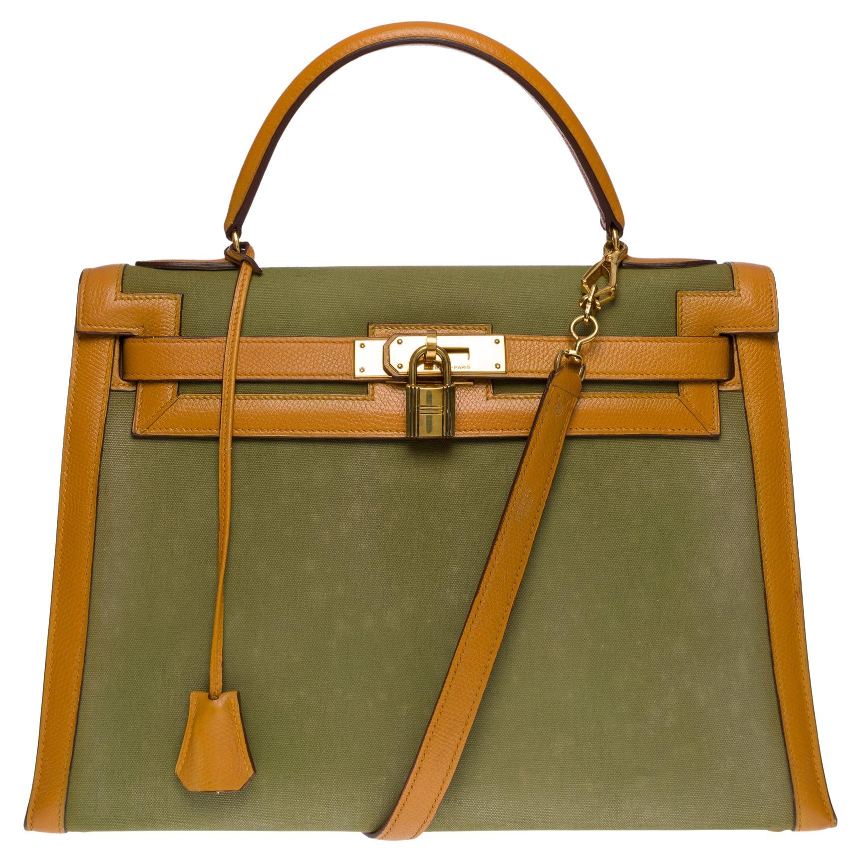 Very Rare Hermès Kelly 32 handbag strap in khaki canvas and gold Couchevel , GHW