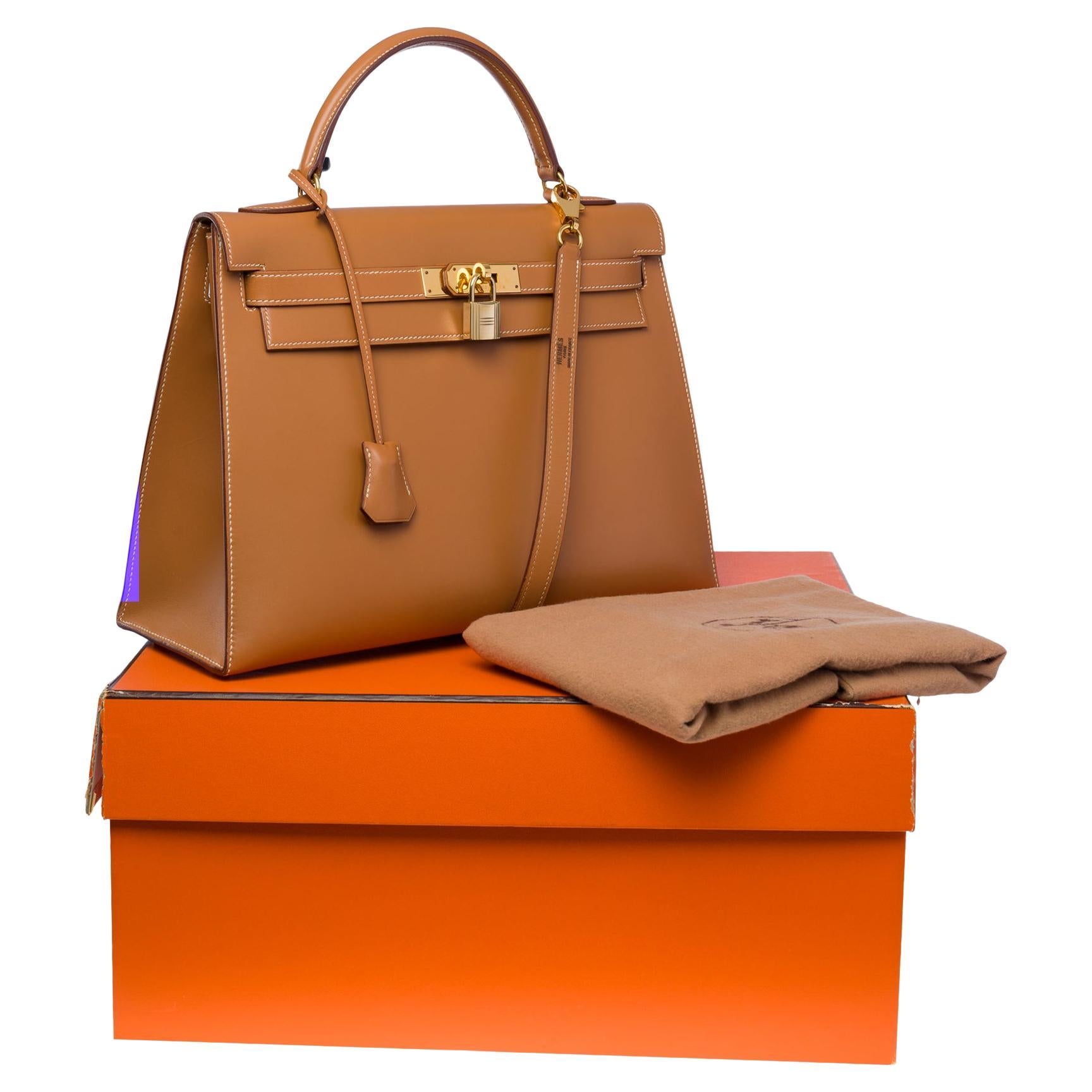 Very Rare Hermès Kelly 32 sellier handbag strap in Gold Chamonix leather , GHW