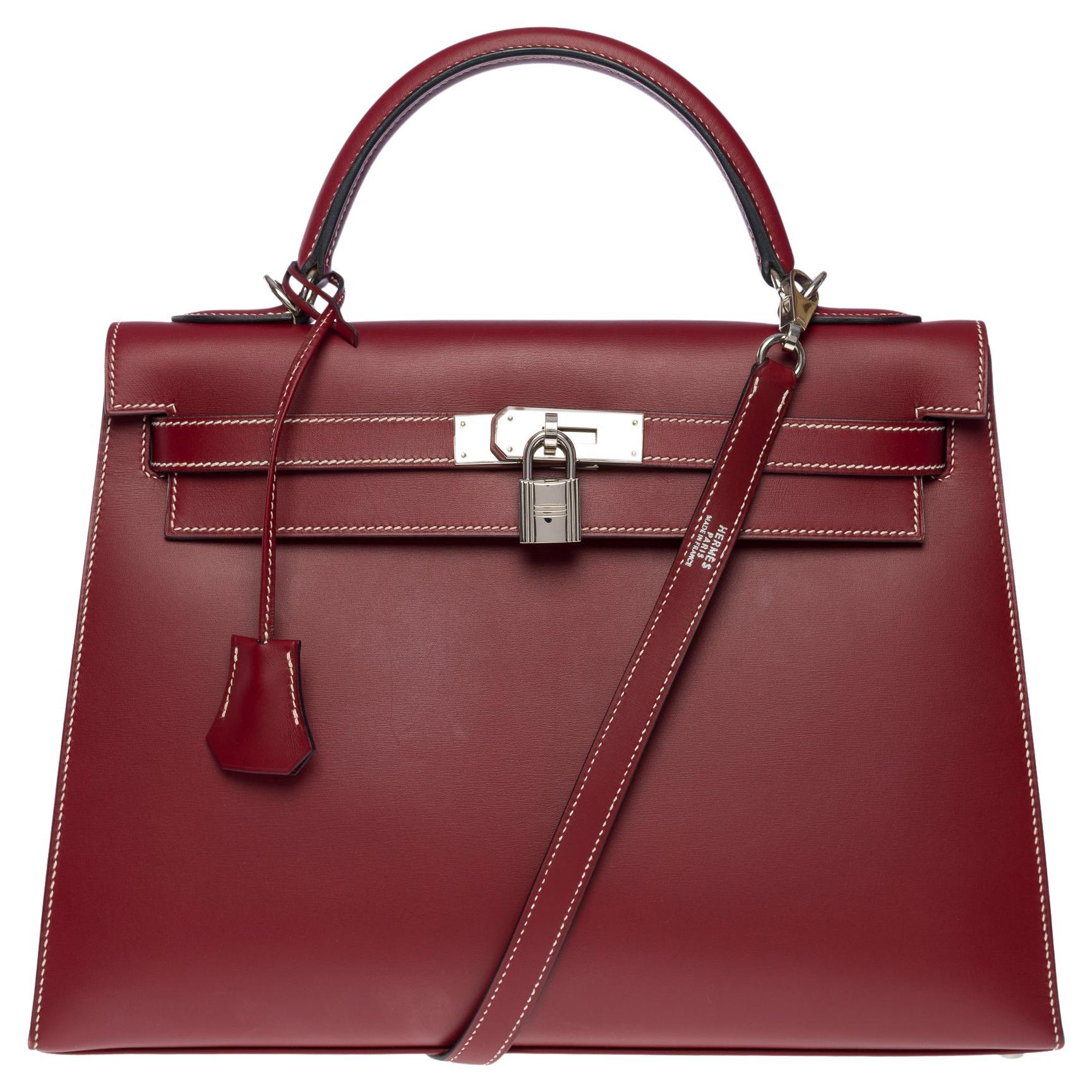 Very Rare Hermès Kelly 32 sellier handbag strap in Rouge H Chamonix leather, SHW