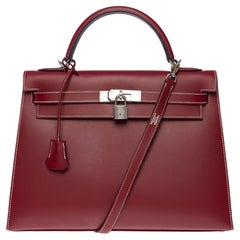 Very Rare Hermès Kelly 32 sellier handbag strap in Rouge H Chamonix leather, SHW