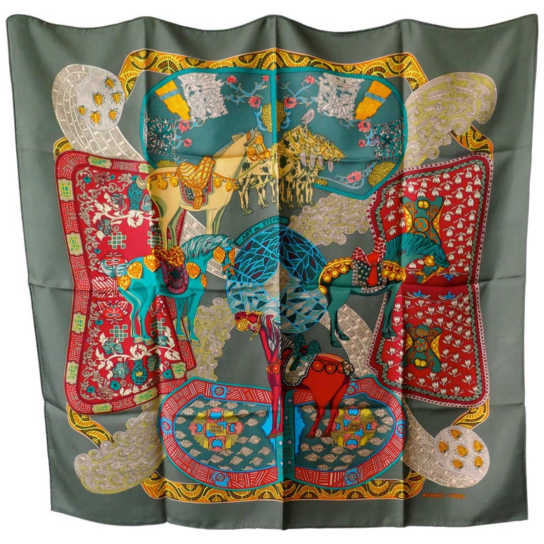 Very Rare Hermes Silk Scarf “Art des Steppes” by Annie Faivre, 1991 at