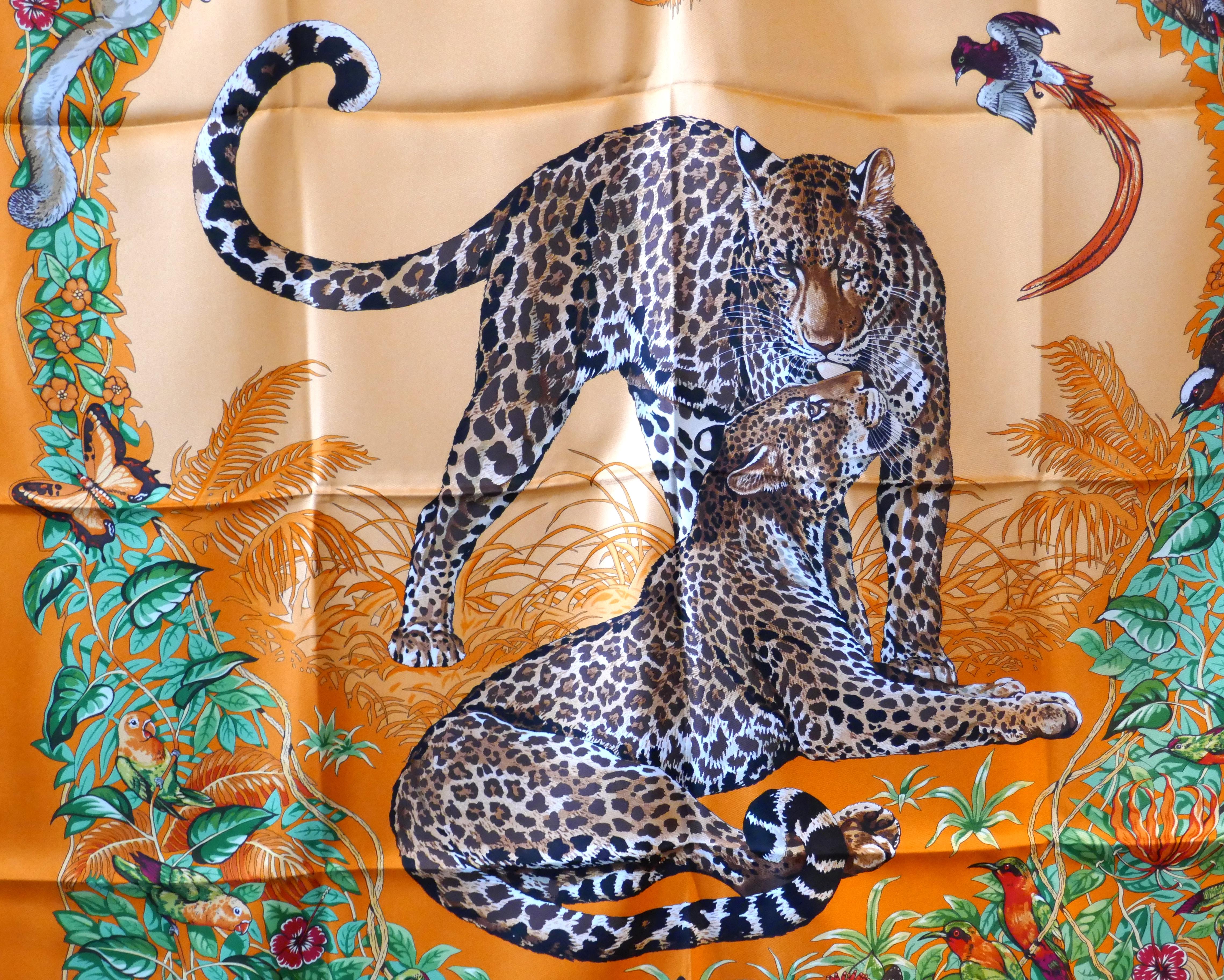 Brown Very Rare Hermes Silk Scarf “Jungle Love” by Robert Dallet, 2000