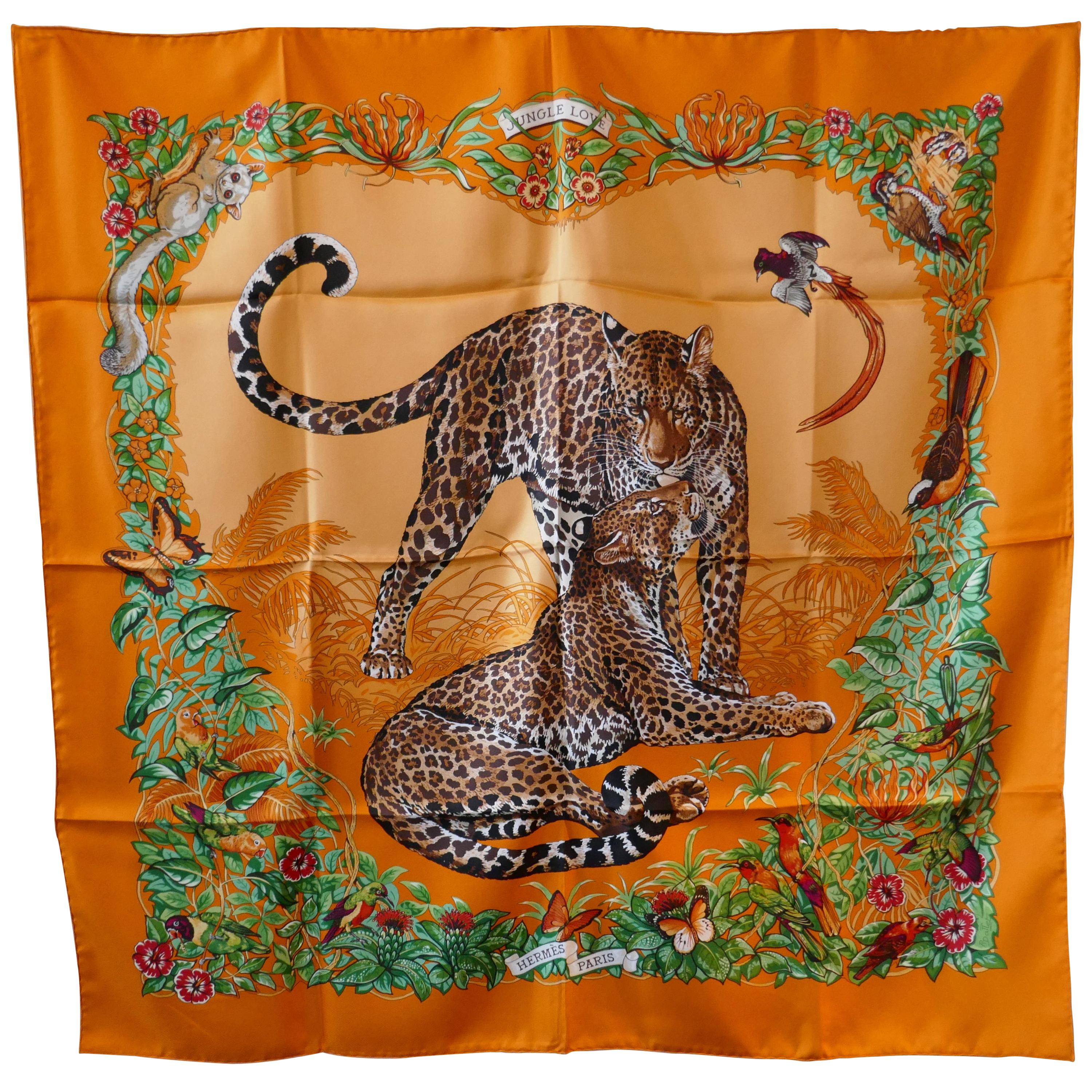 Very Rare Hermes Silk Scarf “Jungle Love” by Robert Dallet, 2000