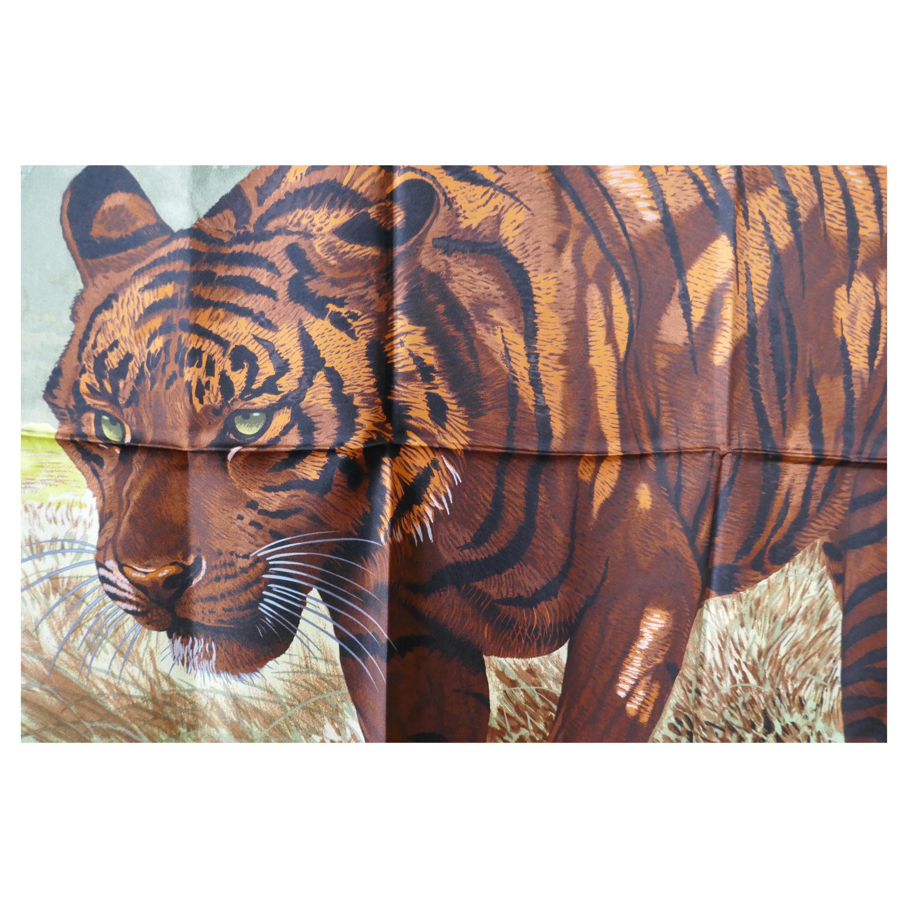 Very Rare Hermes Silk Scarf “Le Tigre du Benagale” by Robert Dallet