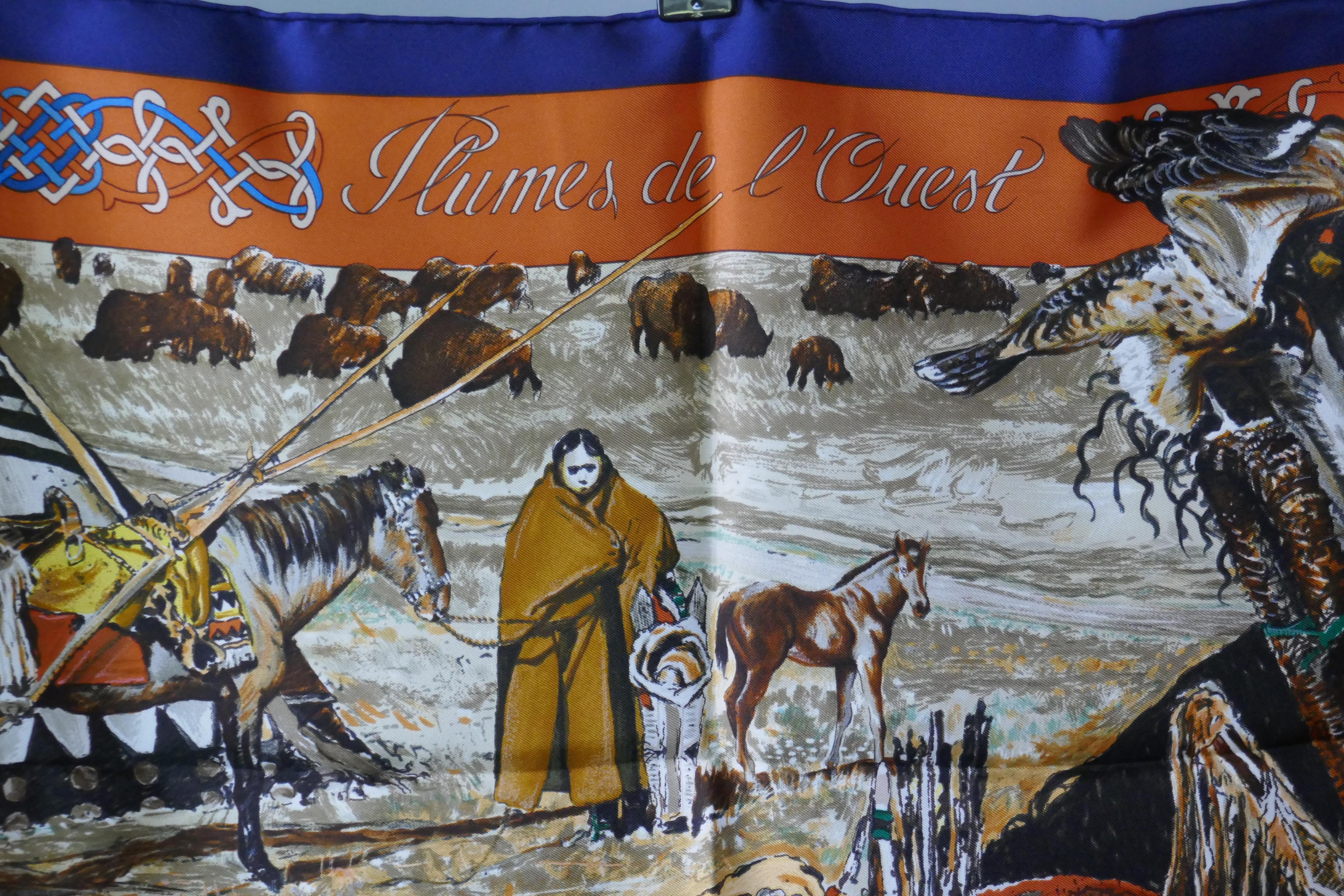Brown Very Rare Hermes Silk Scarf ”Plumes de l’Ouest” by Kermit Oliver, 1993