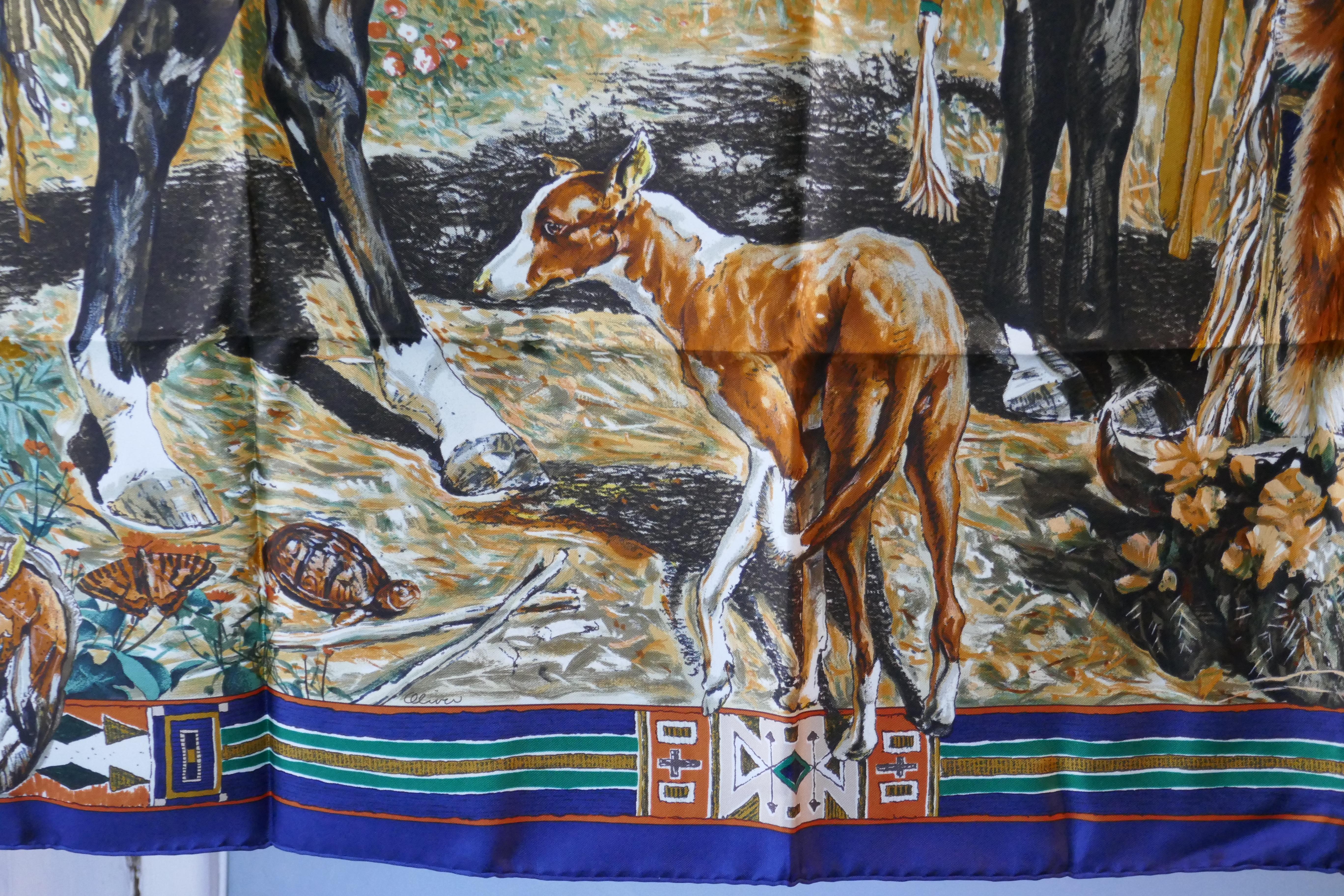 Very Rare Hermes Silk Scarf ”Plumes de l’Ouest” by Kermit Oliver, 1993 In Good Condition In Chillerton, Isle of Wight