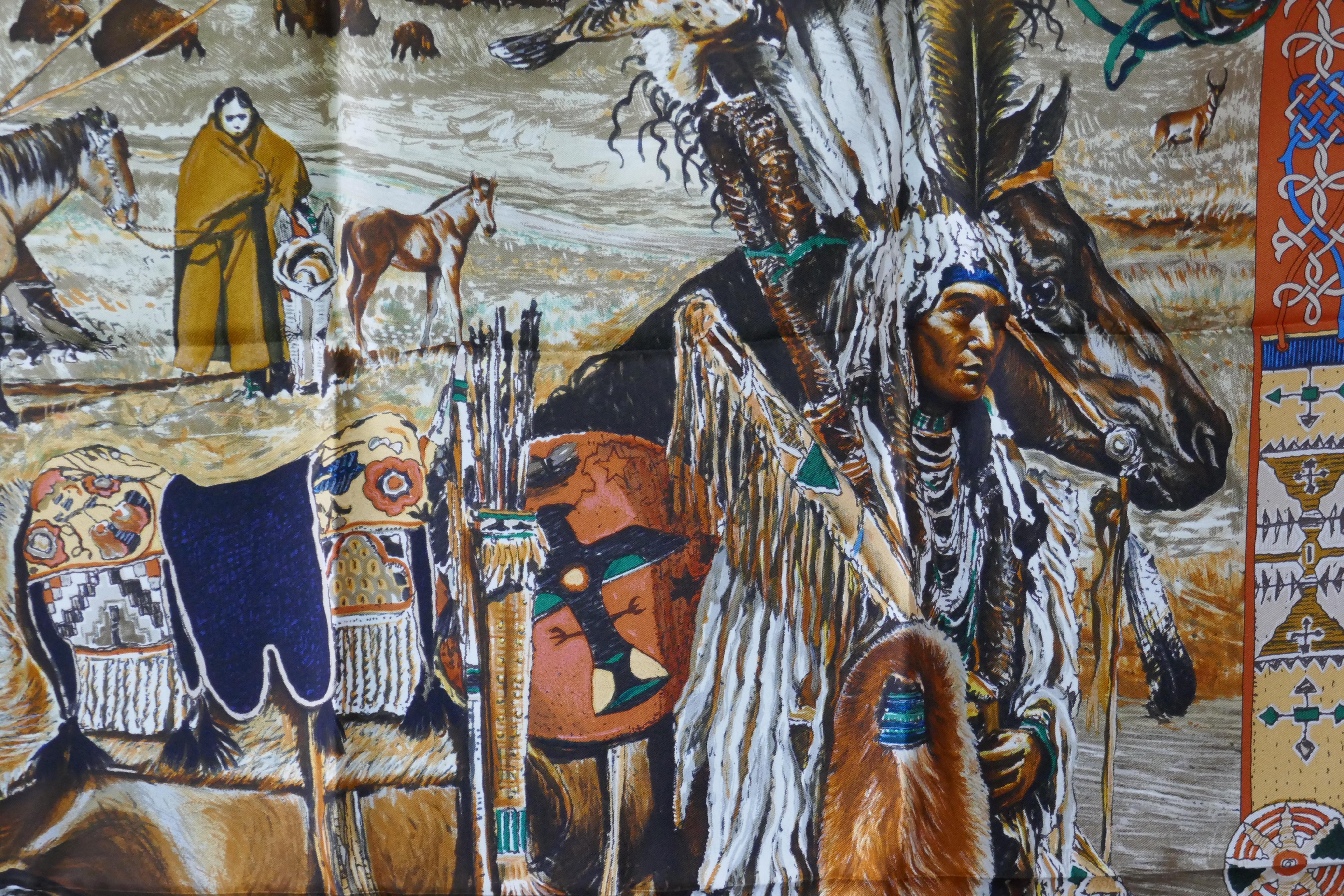 Women's or Men's Very Rare Hermes Silk Scarf ”Plumes de l’Ouest” by Kermit Oliver, 1993