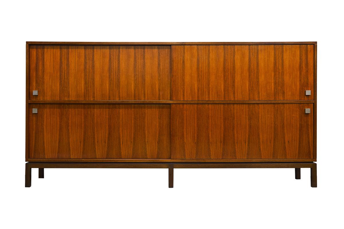 Unique and very rare high rosewood sideboard designed by the Belgium Modernist Alfred Hendrickx for Belform, in the 1960s. In an excellent vintage state. Minimalistic and very practical, lots of cupboard space. Also a set of drawers and a bar space