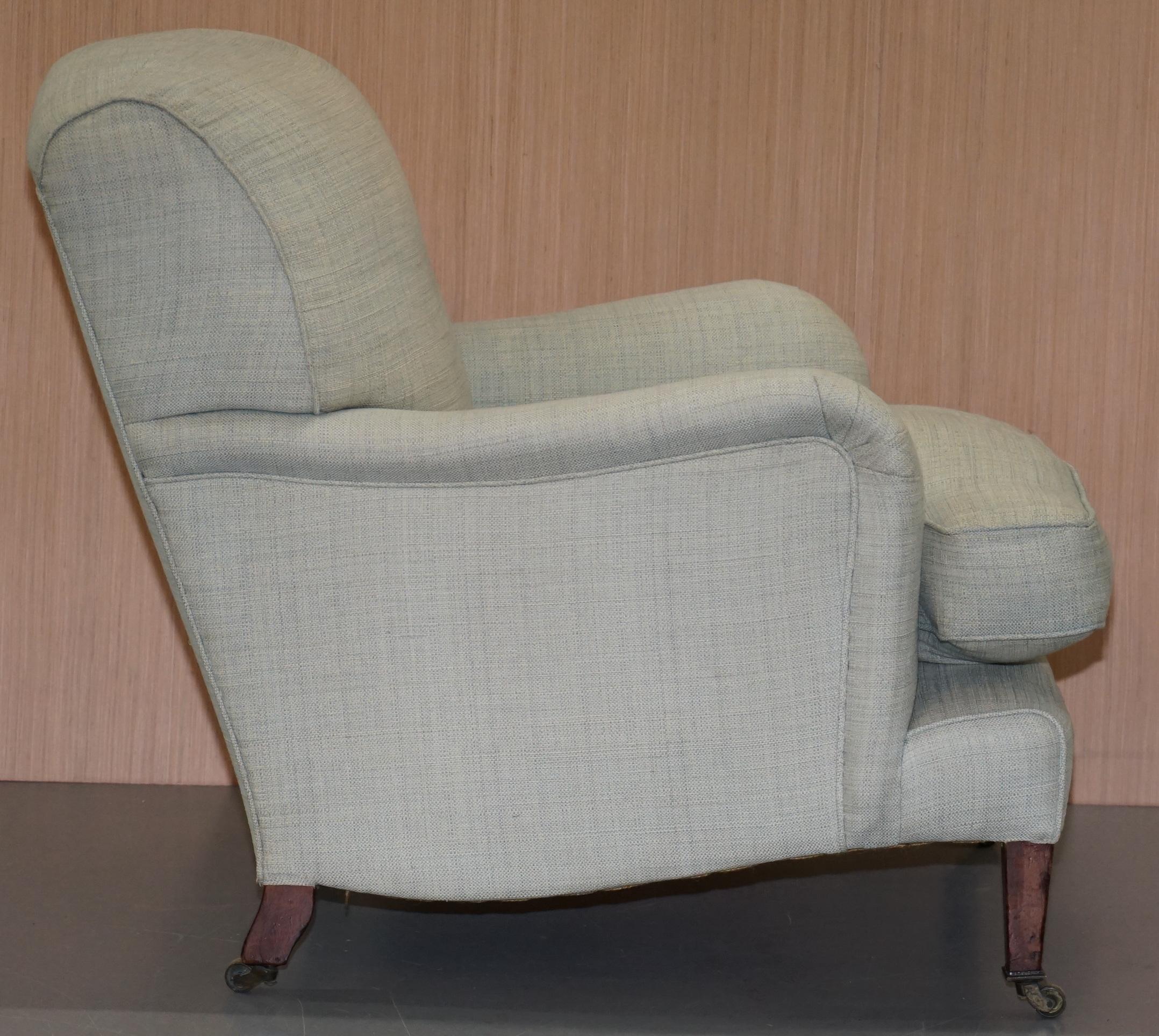 Hand-Crafted Very Rare Howard & Son's Fully Stamped Bridgewater Armchair & Footstool Ottoman