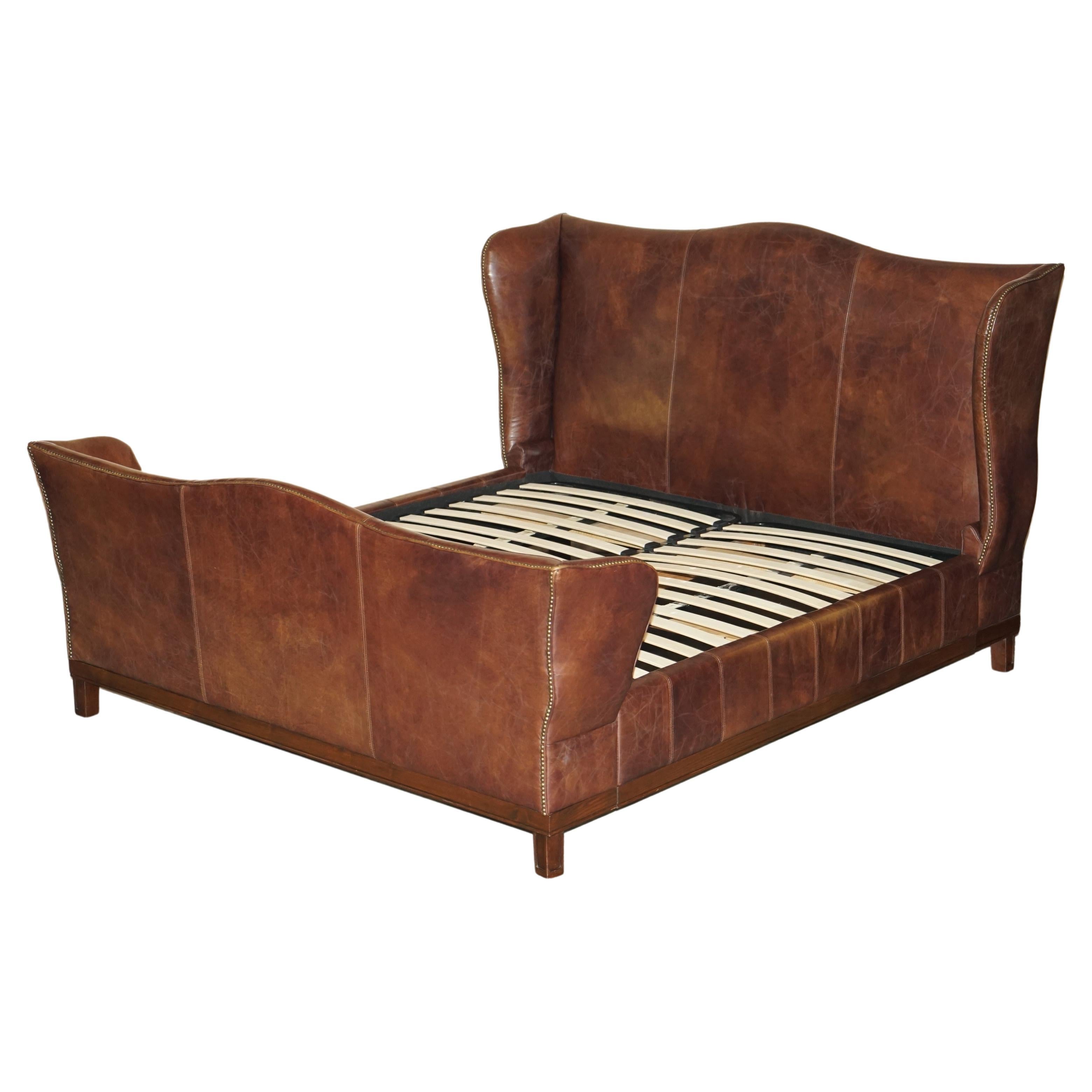 VERY RARE HUGE HAND DYED BROWN LEATHER WiNGBACK SUPER KING SIZE BED FRAME For Sale