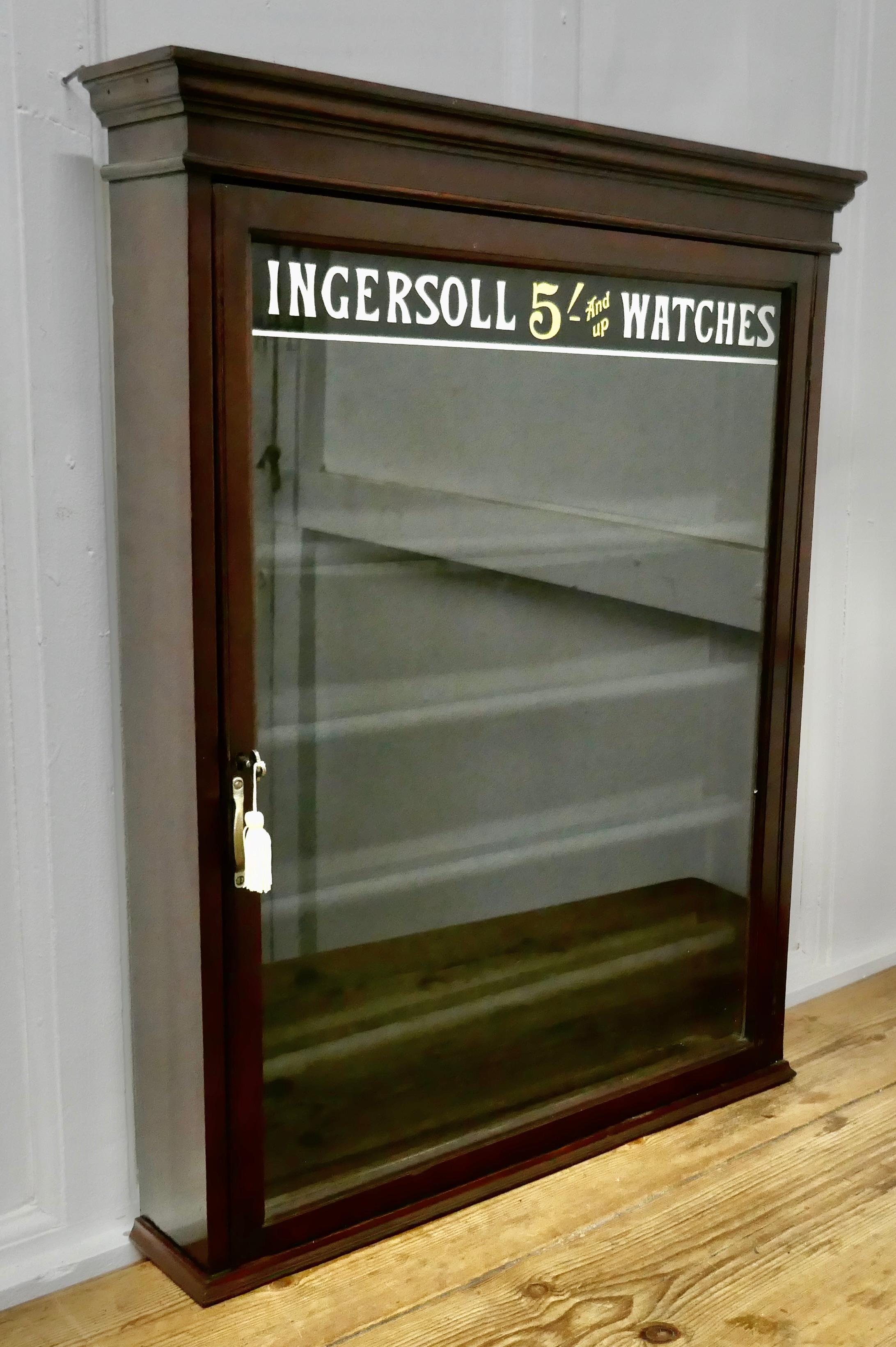 Very rare Ingersoll Watchmakers display cabinet

A lovely piece of early 20th century shop display, this small glass fronted mahogany wall hanging cupboard has Black mirror with silver and gold Writing detailing that Ingersoll watches are