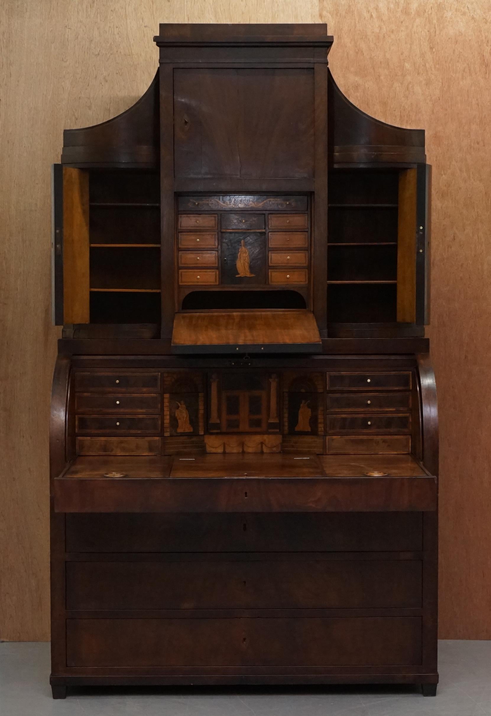Very Rare Italian Hardwood Cylinder Bureau Bookcase Desk with Must See Pictures For Sale 1