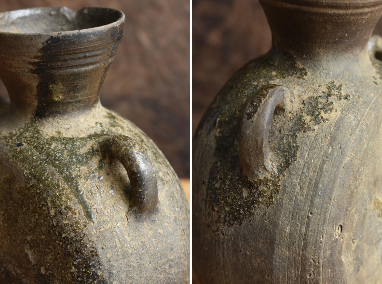 Very rare Japanese antique pottery jar/beautiful natural glaze/wall hanging vase 6