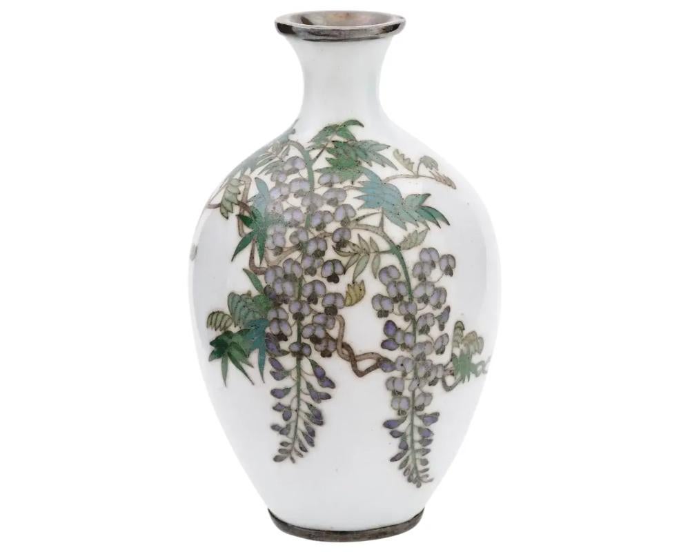 "Whispers of Elegance: Rare White Japanese Cloisonné Wisteria Tree Enamel Vase"