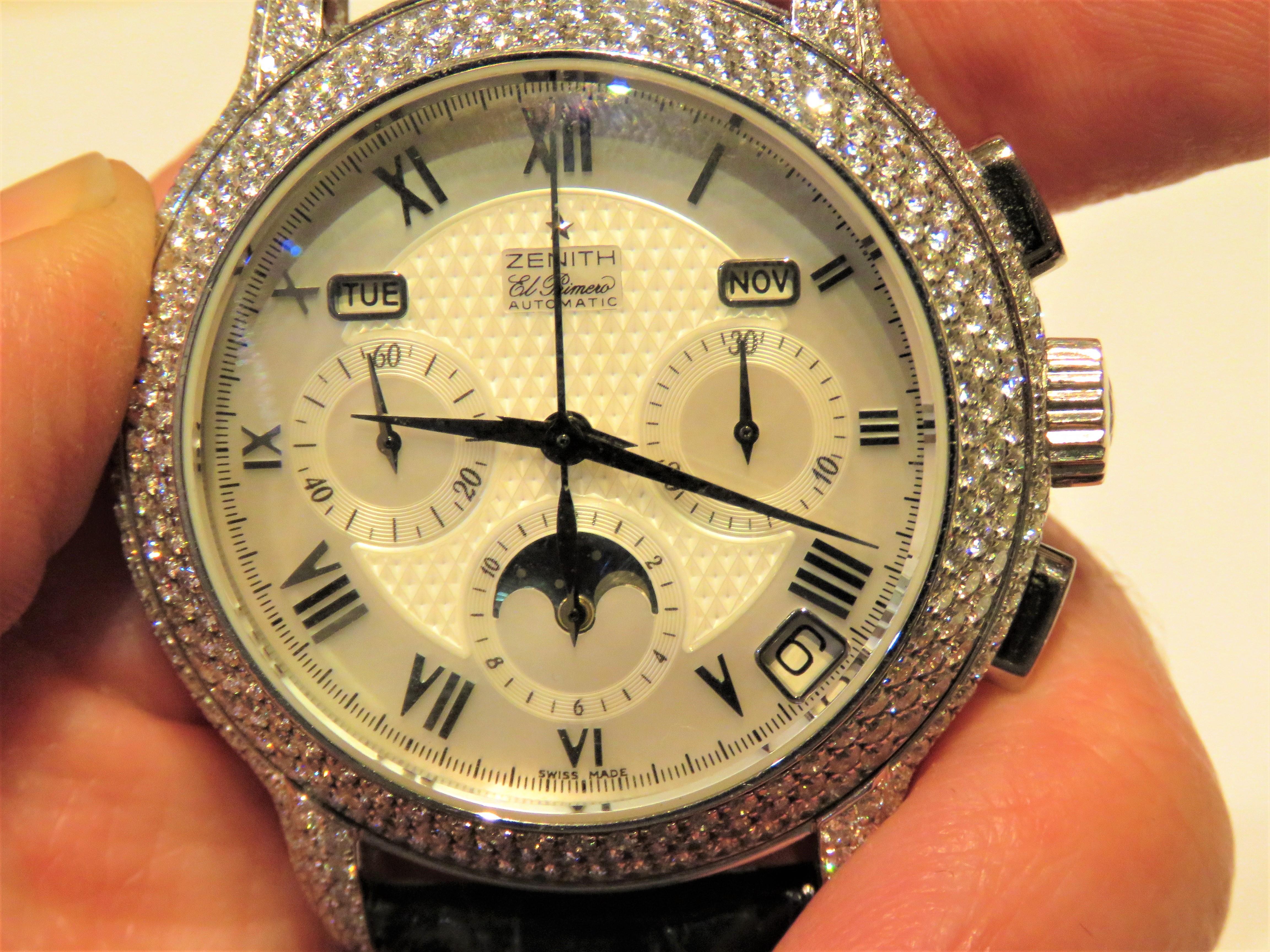 Women's Very Rare Ladies Mother of Pearl Zenith 18KT Gold El Primero Diamond Watch 