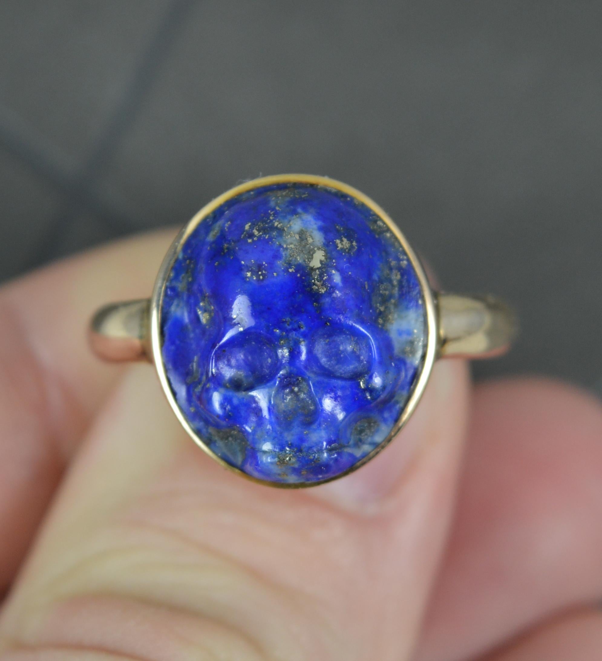 Antique Cushion Cut Very Rare Lapis Lazuli Skull and 14ct Gold Signet Momento Mori Ring For Sale