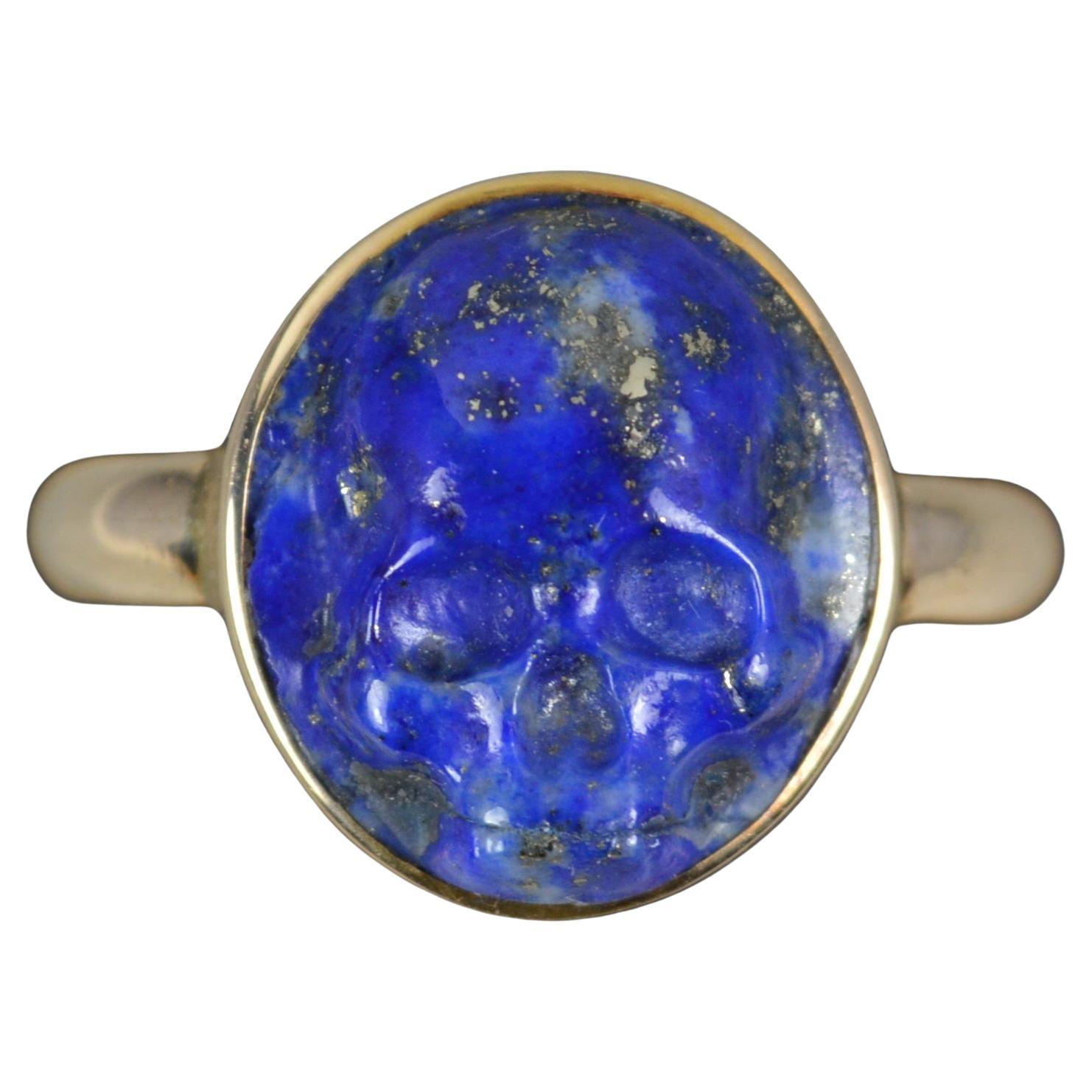 Very Rare Lapis Lazuli Skull and 14ct Gold Signet Momento Mori Ring For Sale