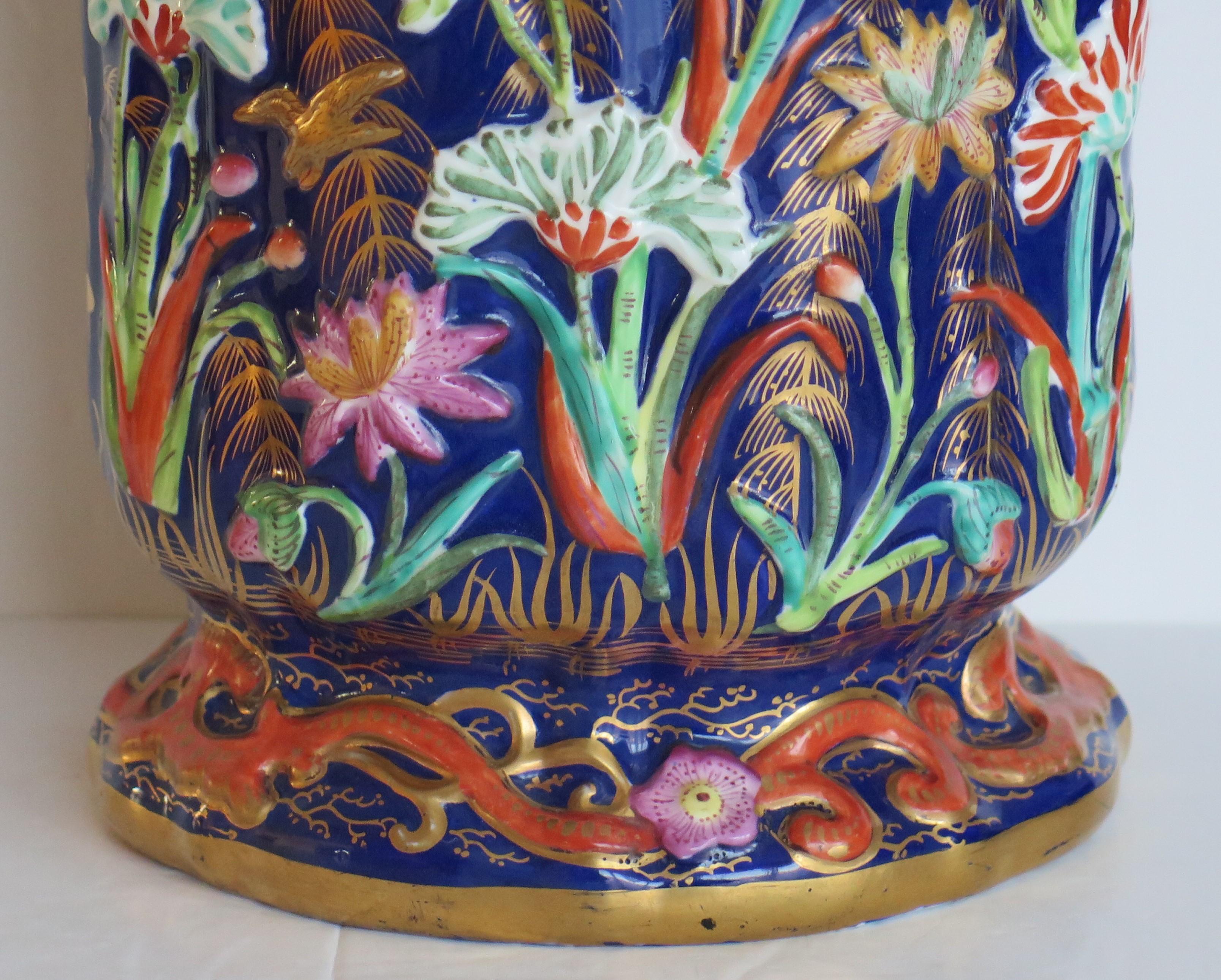 Regency Very Large Masons Ironstone Covered Vase with rare Relief Motifs, Circa 1825 For Sale