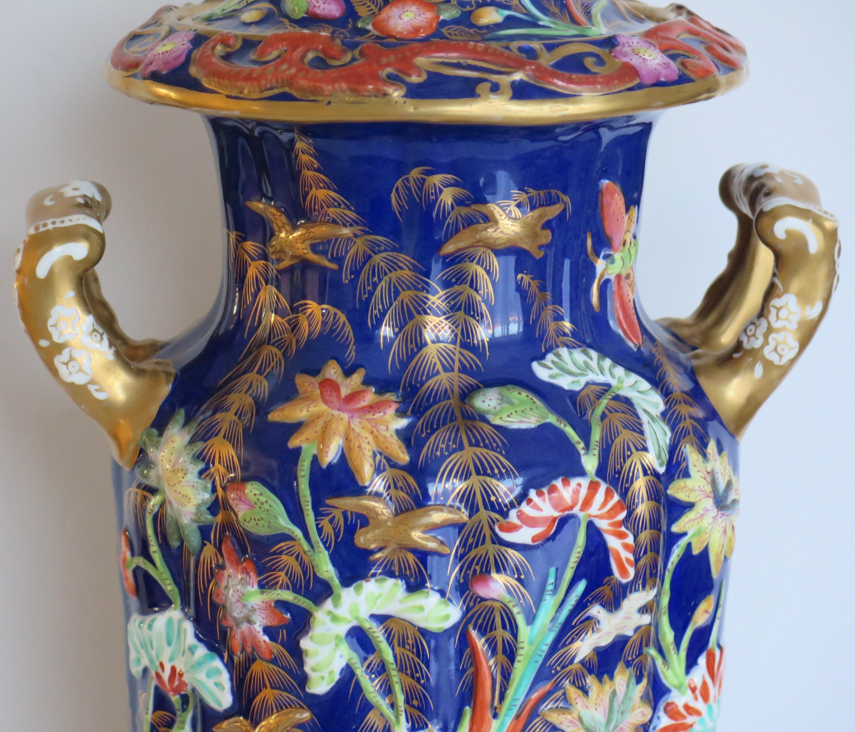 Hand-Crafted Large Masons Ironstone Covered Vase with very rare Relief Motifs, Circa 1825 For Sale