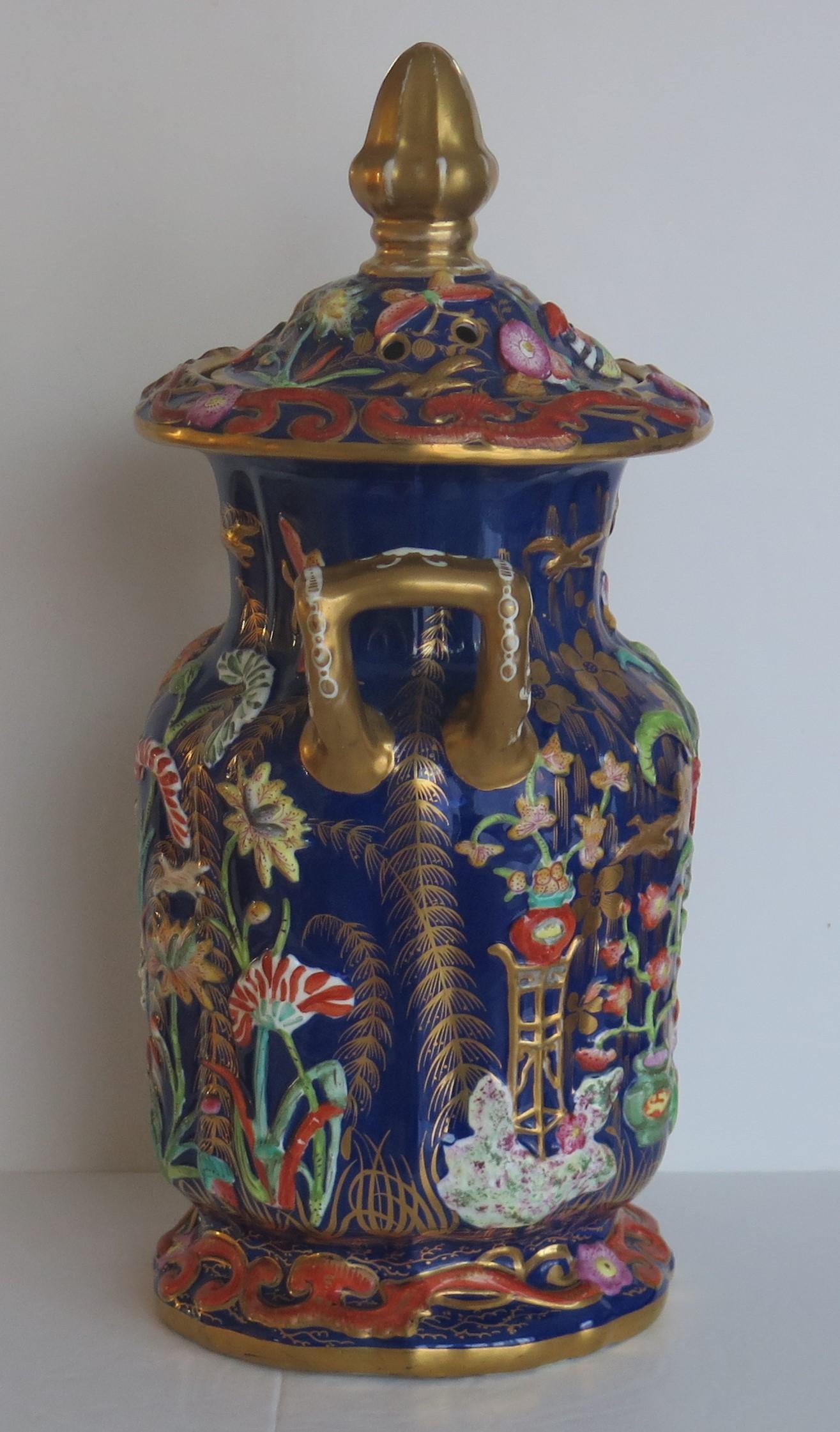 Early 19th Century Very Large Masons Ironstone Covered Vase with rare Relief Motifs, Circa 1825 For Sale