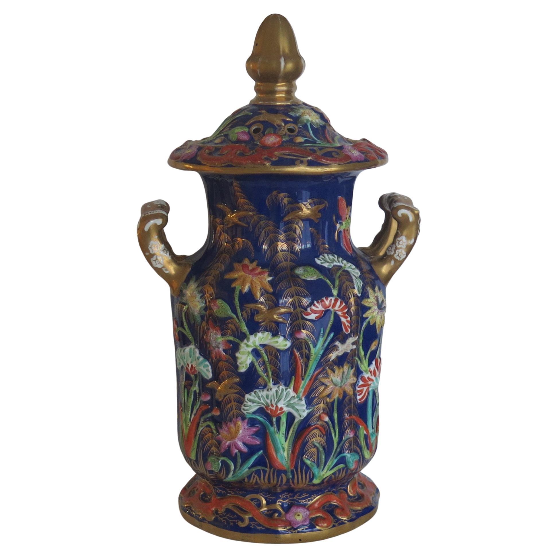 Very Large Masons Ironstone Covered Vase with rare Relief Motifs, Circa 1825 For Sale