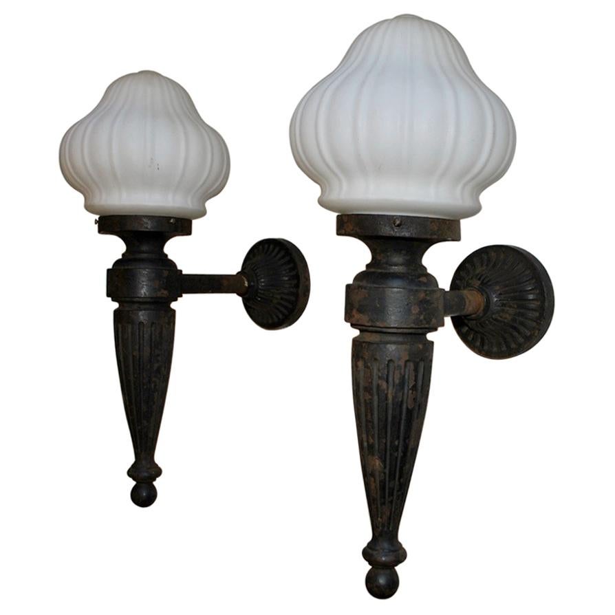 Very Rare Large Pair of 1920s Cast Iron Outdoor Sconces