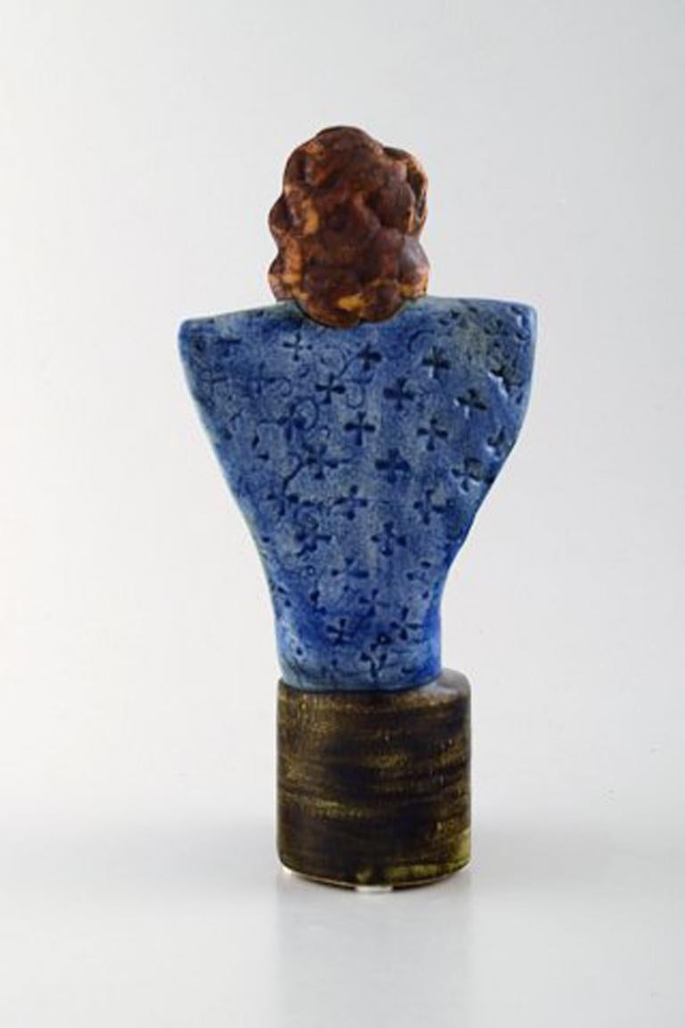 Scandinavian Modern Very Rare Lisa Larson Unique Figure of Sitting Woman in Blue with Golden Rooster For Sale