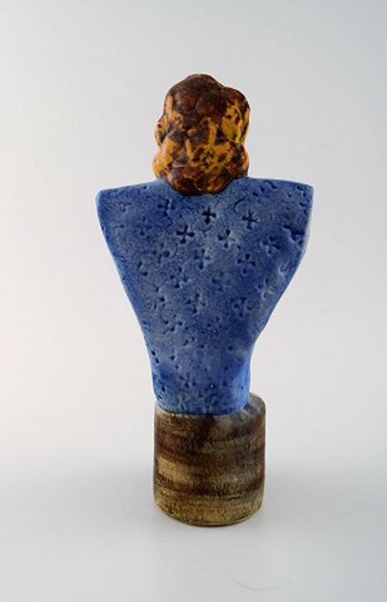 Very Rare Lisa Larson Unique Figure of Sitting Woman in Blue with Golden Rooster In Excellent Condition For Sale In Copenhagen, DK