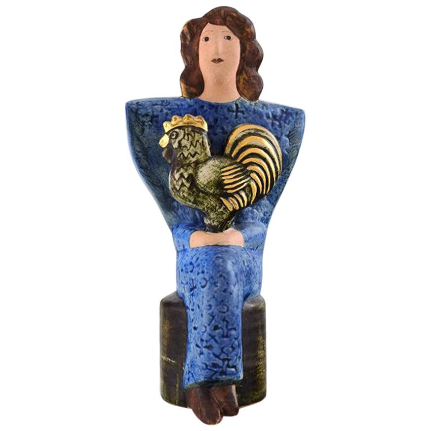 Very Rare Lisa Larson Unique Figure of Sitting Woman in Blue with Golden Rooster For Sale