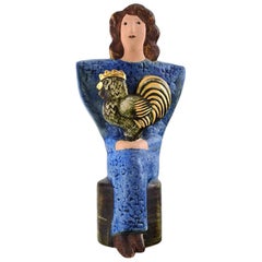 Very Rare Lisa Larson Unique Figure of Sitting Woman in Blue with Golden Rooster
