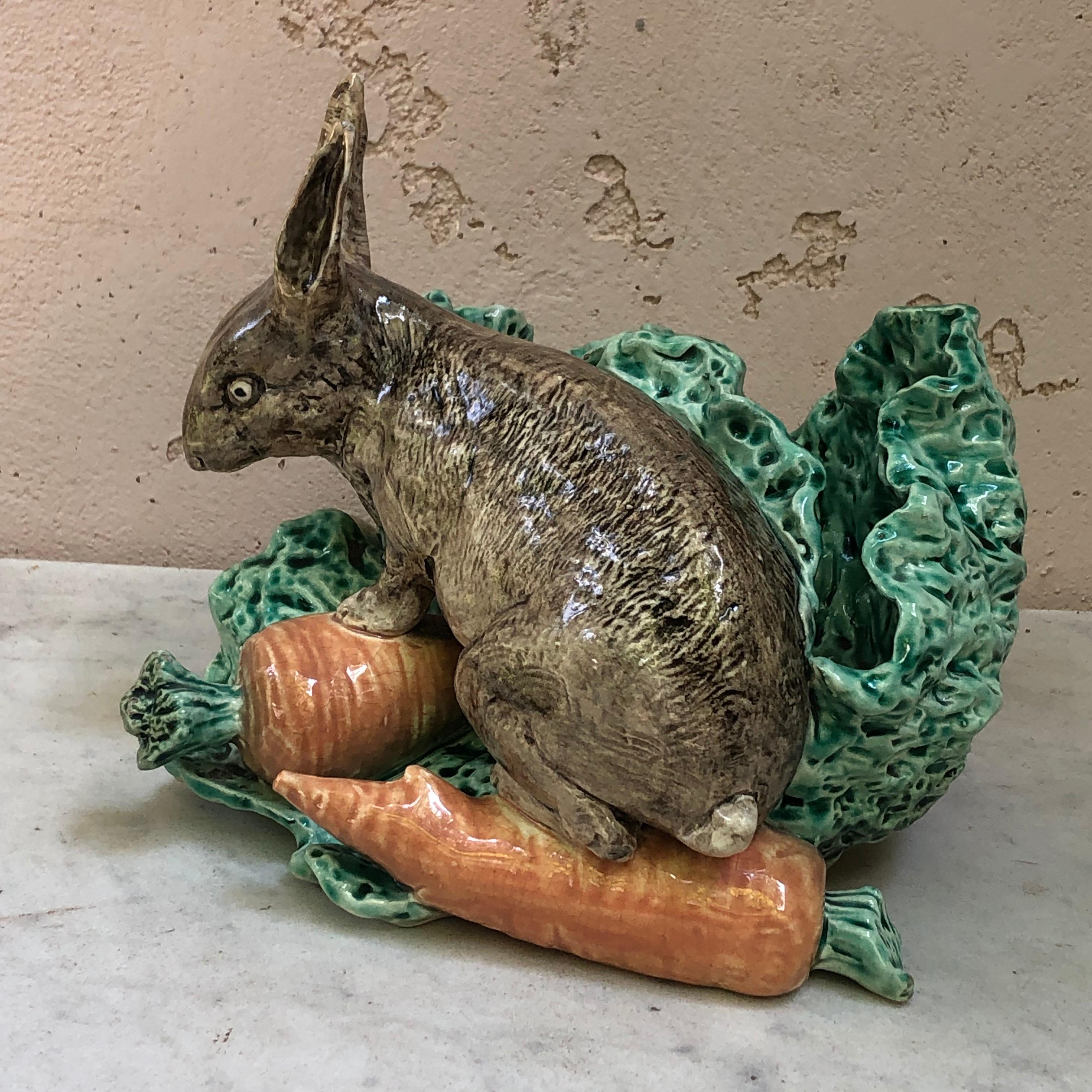 Very rare Majolica Rabbit cabbage Jardiniere signed Fives Lille, Circa 1890.
with carrots and potato.