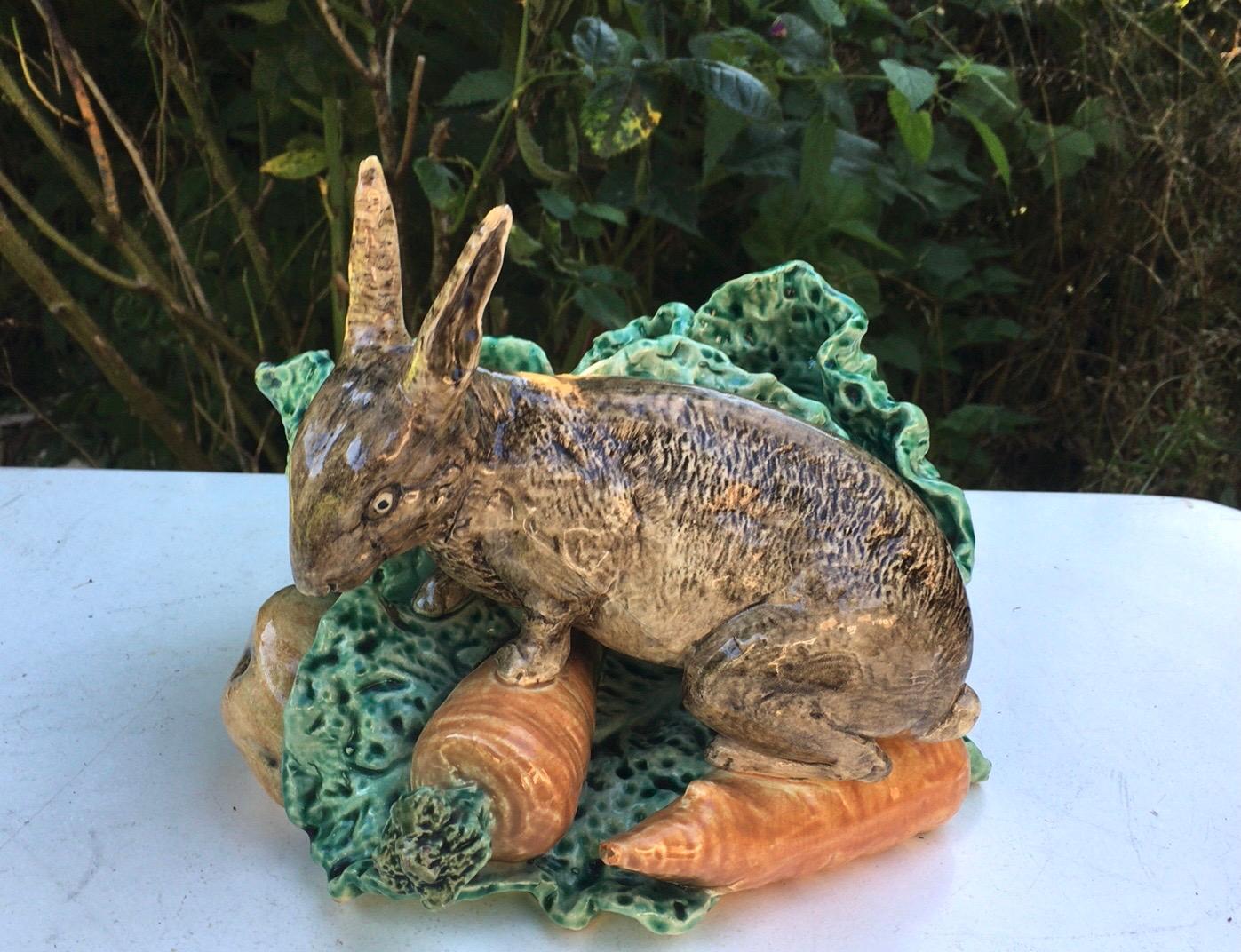 Ceramic Very Rare Majolica Rabbit Cabbage Jardiniere Fives Lille, Circa 1890