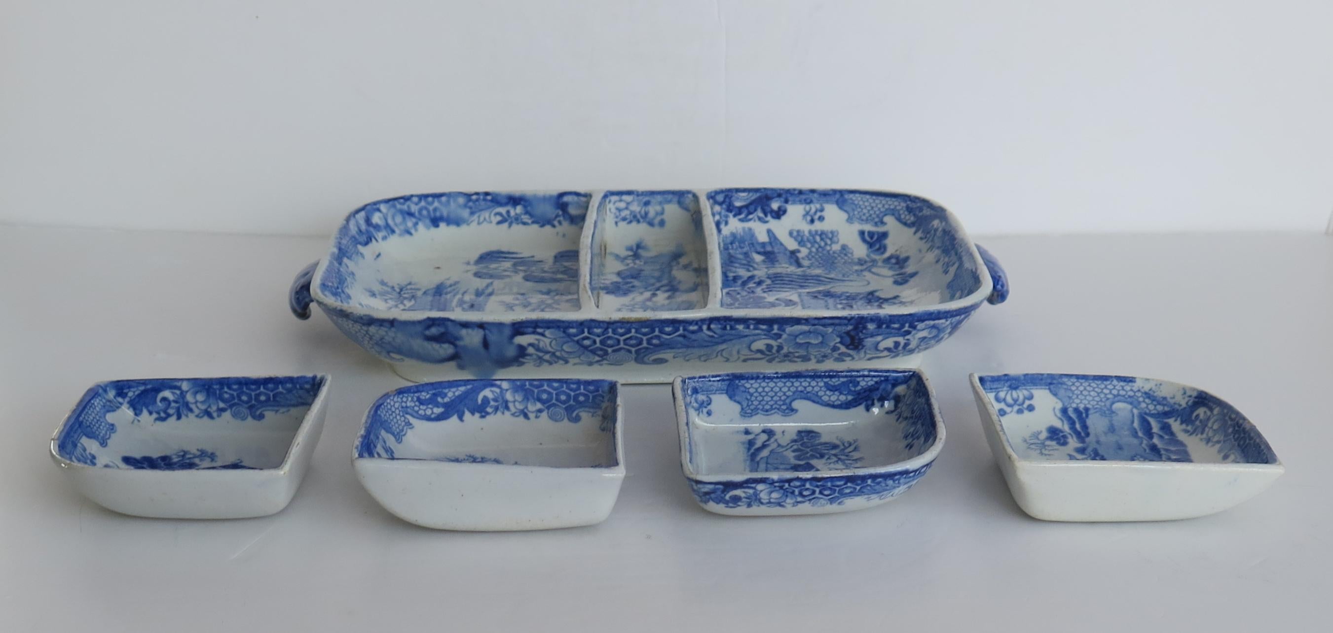 English Very Rare Masons Ironstone Serving Platter & four Dishes Turner Willow, Ca 1820