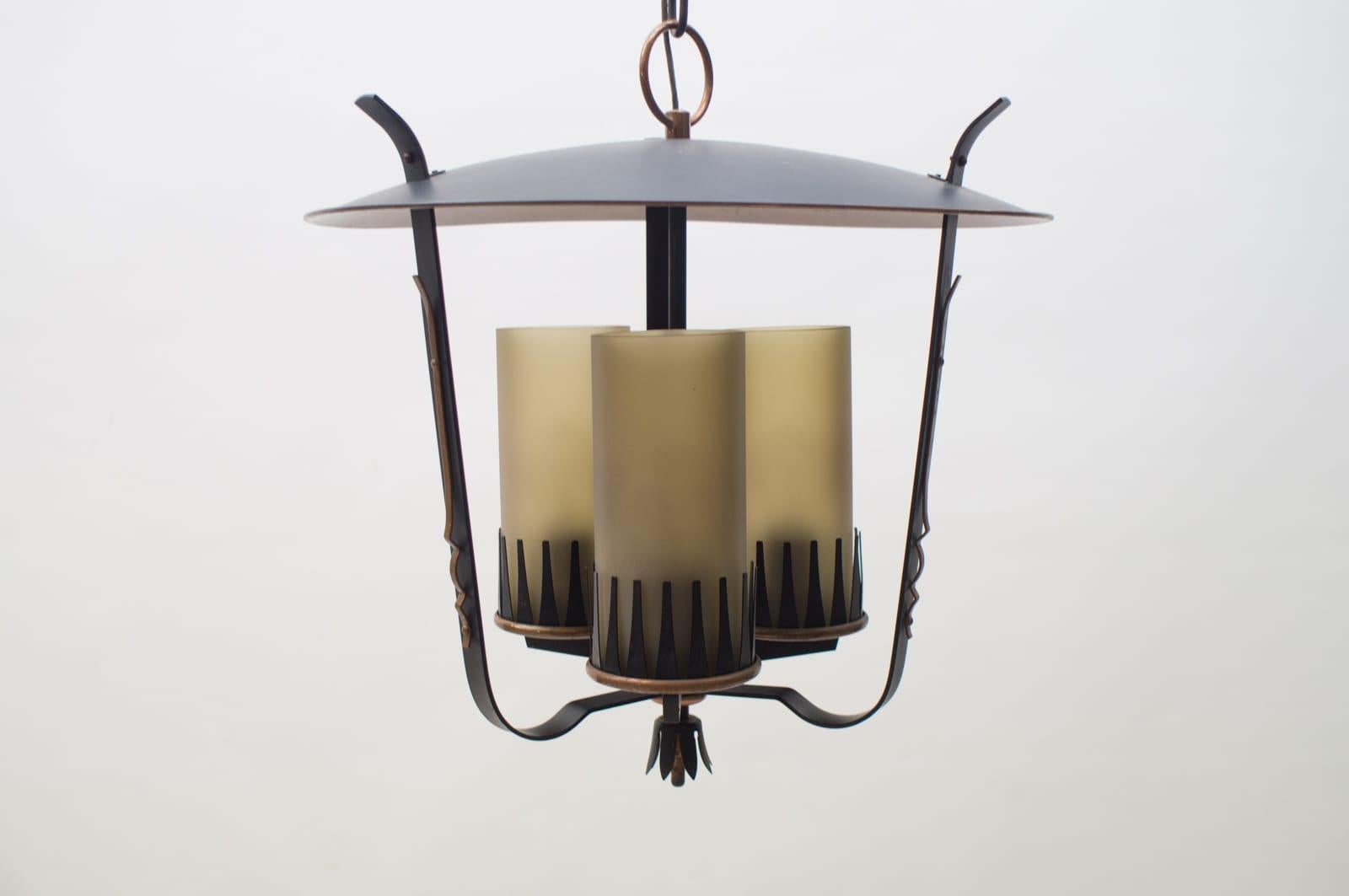 Mid-Century Modern Very Rare Midcentury Pendant Lamp in Copper and Satinized Cylindrical Glass