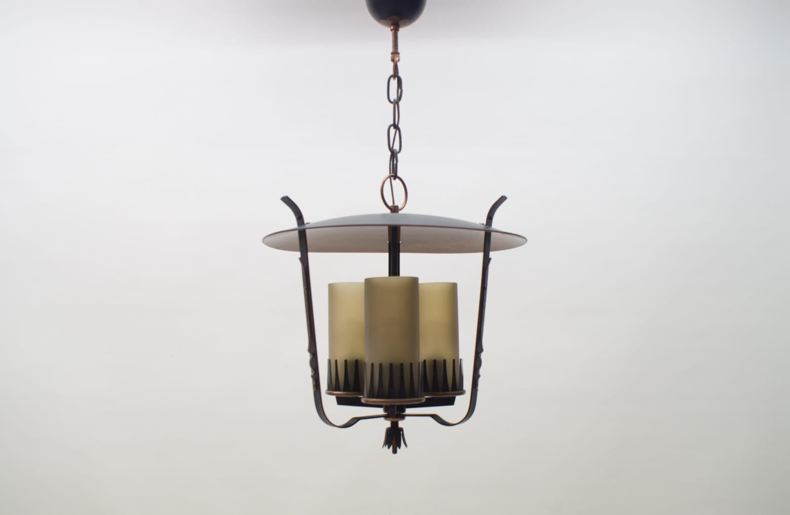 Italian Very Rare Midcentury Pendant Lamp in Copper and Satinized Cylindrical Glass