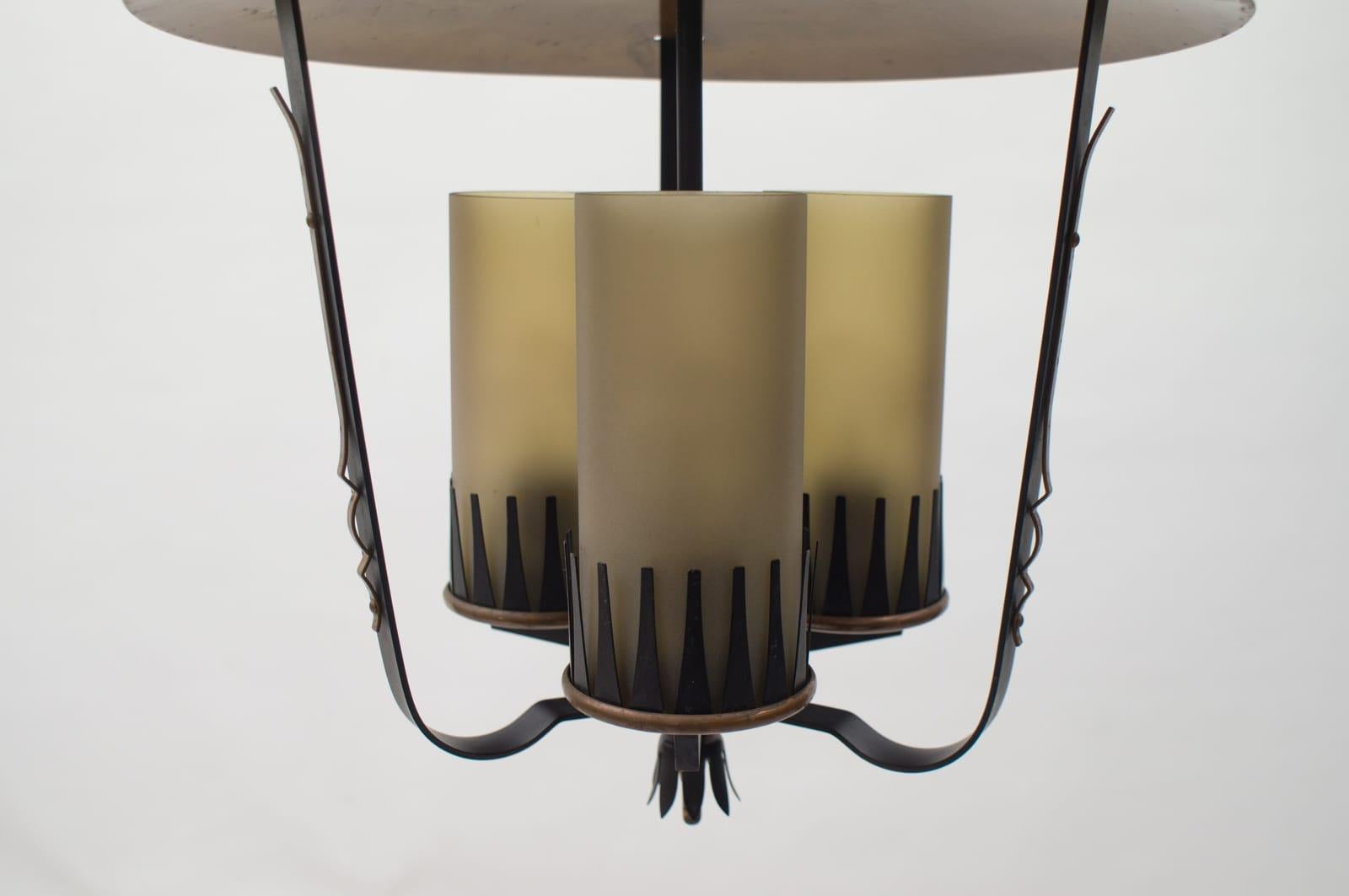 Mid-20th Century Very Rare Midcentury Pendant Lamp in Copper and Satinized Cylindrical Glass