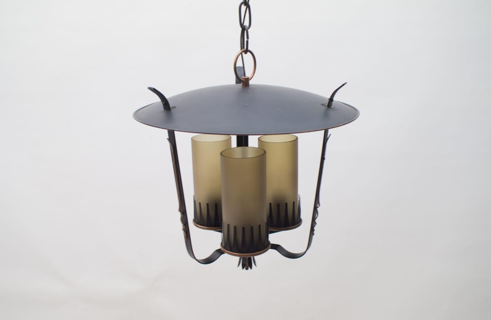 Very Rare Midcentury Pendant Lamp in Copper and Satinized Cylindrical Glass 1