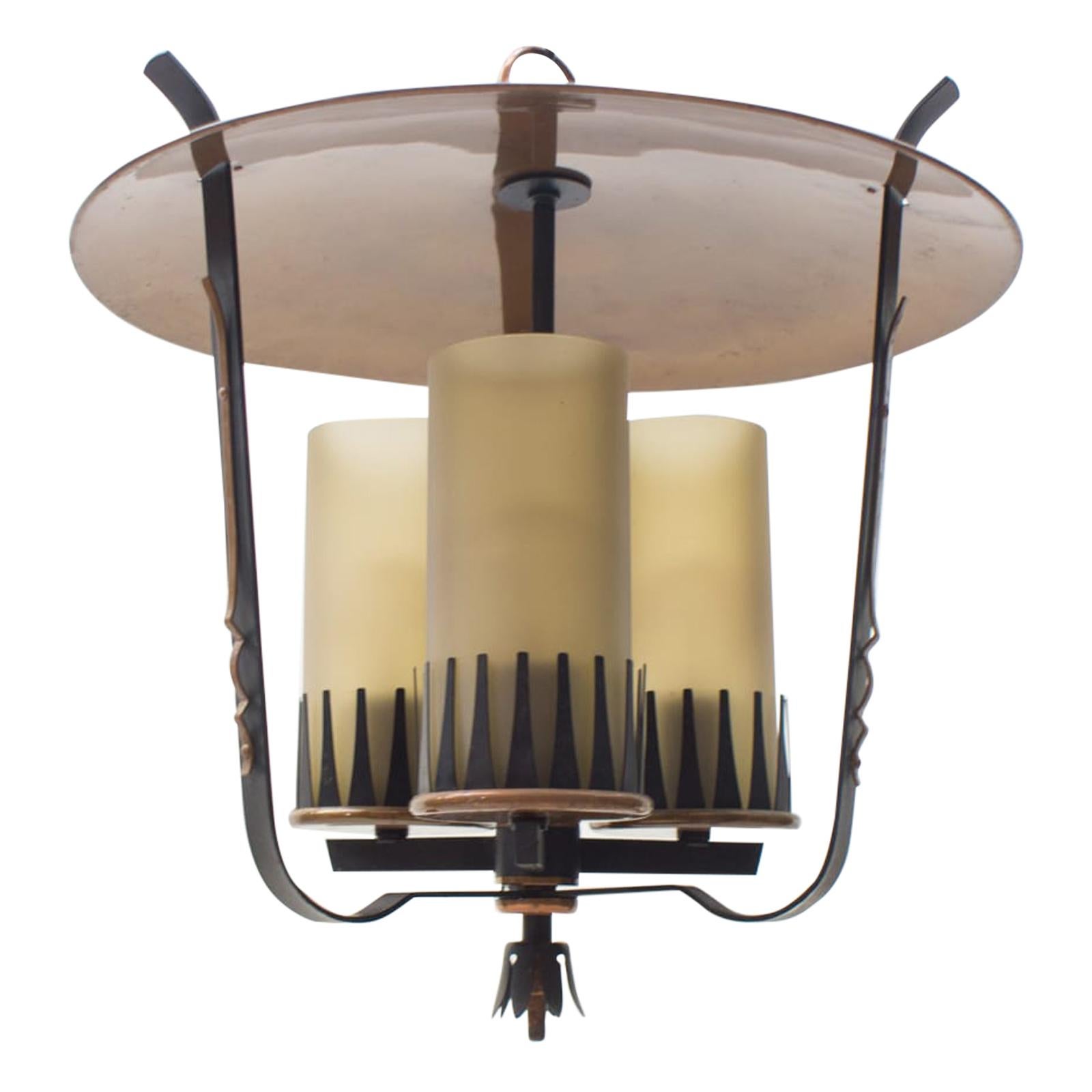 Very Rare Midcentury Pendant Lamp in Copper and Satinized Cylindrical Glass