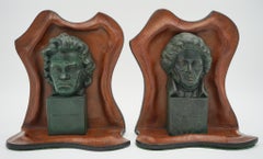 VERY RARE MOZART AND BEETHOVEN LEATHER BOOKENDS WITH LOVELY PATiNA
