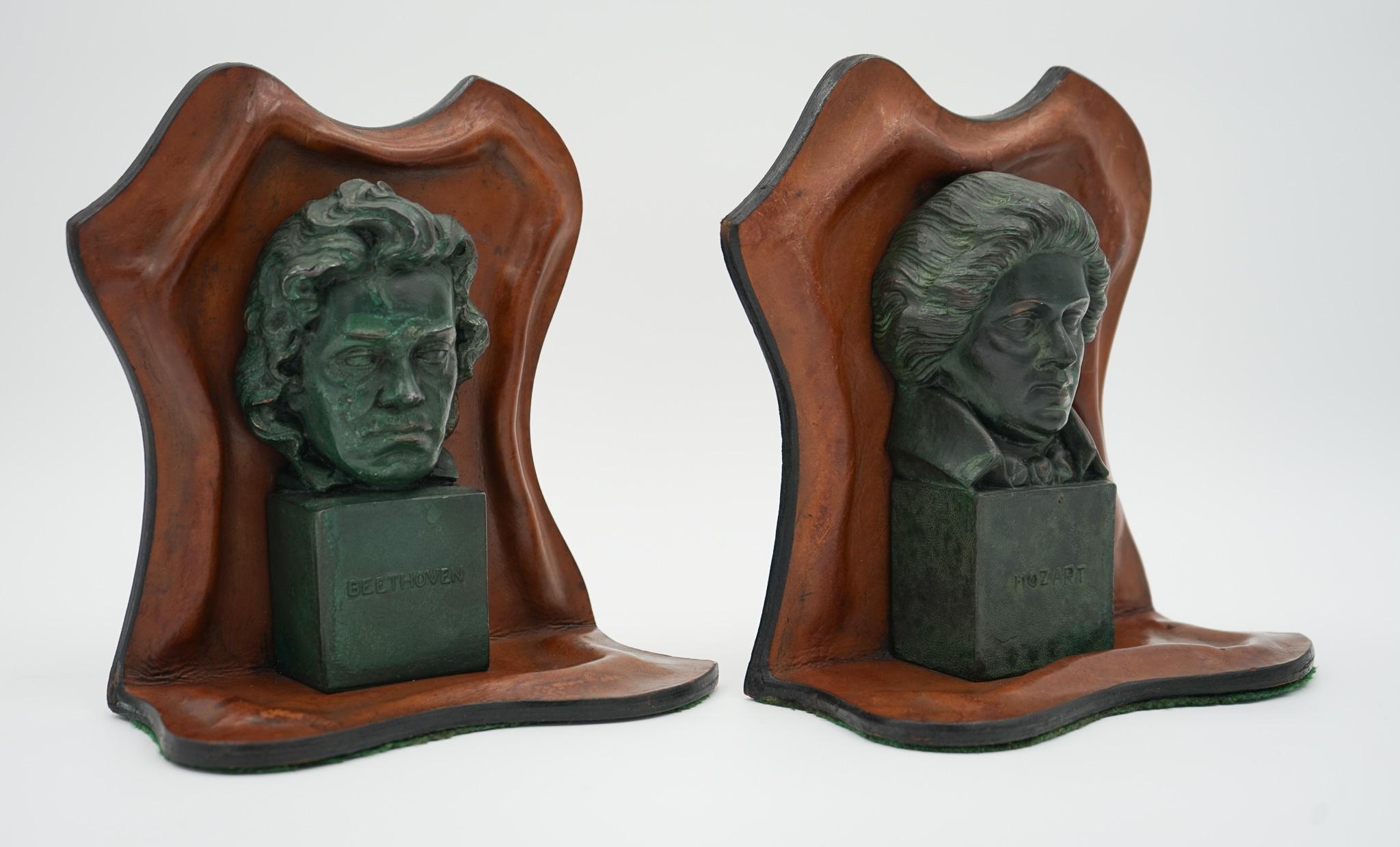 British VERY RARE MOZART AND BEETHOVEN LEATHER BOOKENDS WITH LOVELY PATiNA For Sale