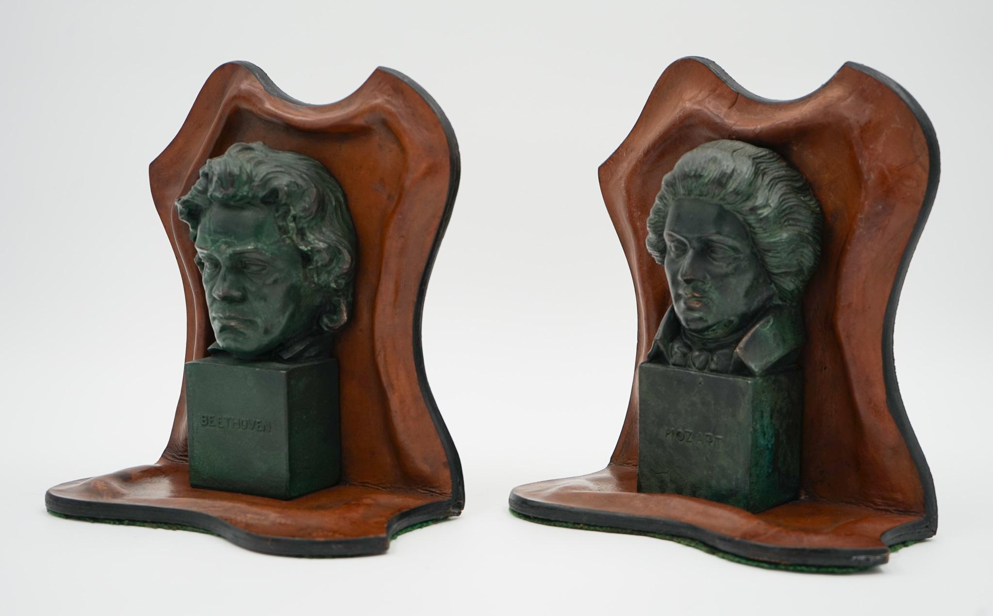 Hand-Crafted VERY RARE MOZART AND BEETHOVEN LEATHER BOOKENDS WITH LOVELY PATiNA For Sale