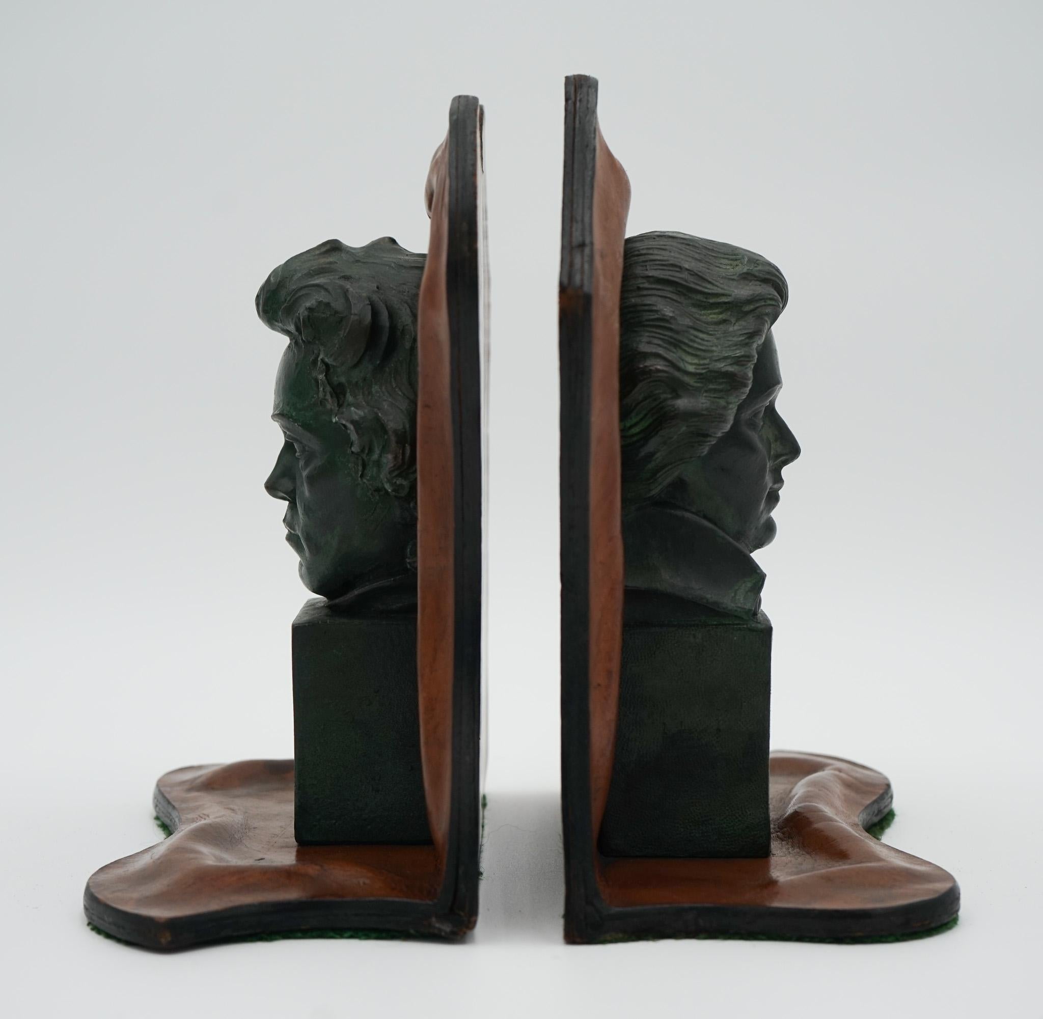VERY RARE MOZART AND BEETHOVEN LEATHER BOOKENDS WITH LOVELY PATiNA In Good Condition For Sale In Pulborough, GB
