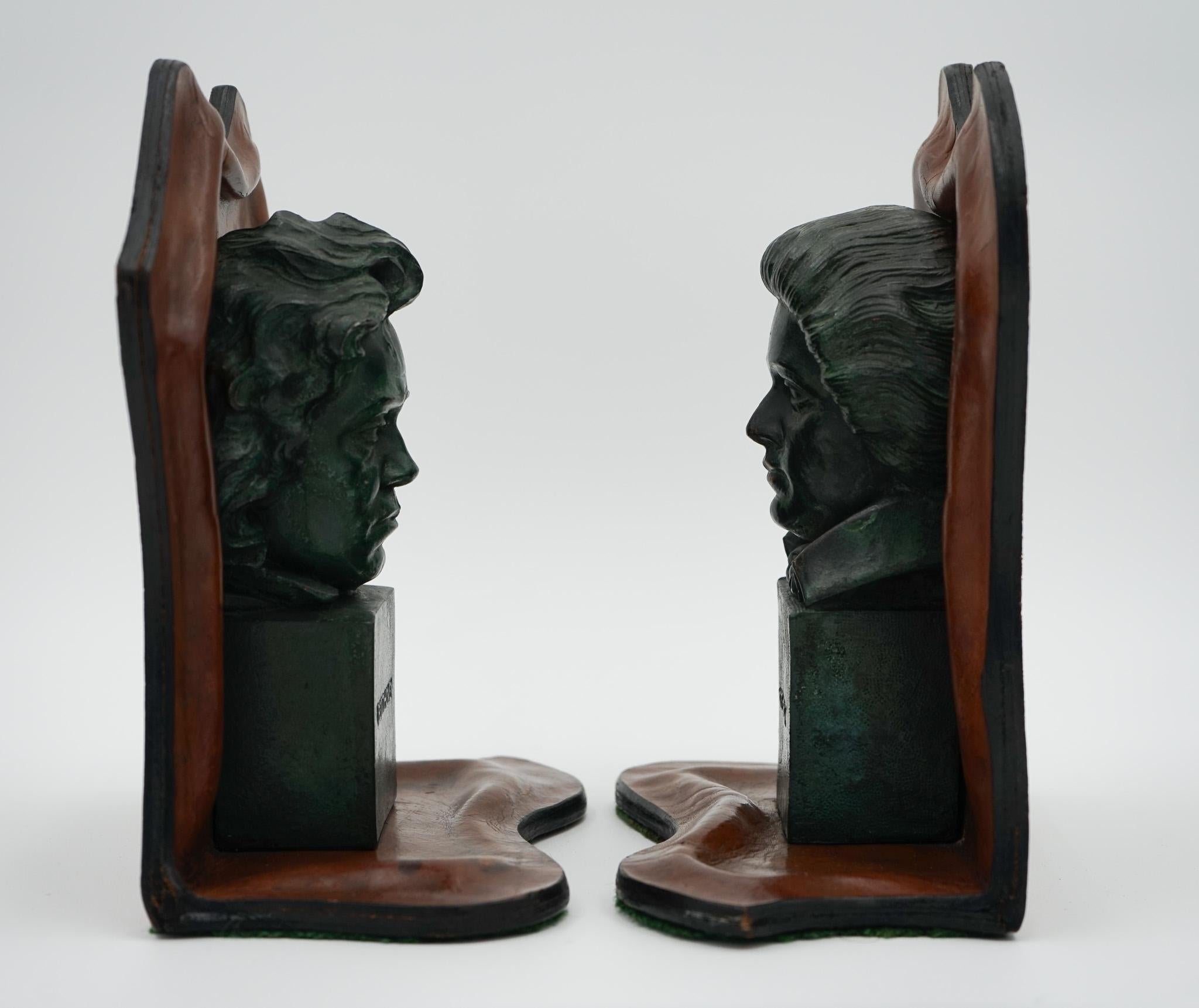 Leather VERY RARE MOZART AND BEETHOVEN LEATHER BOOKENDS WITH LOVELY PATiNA For Sale
