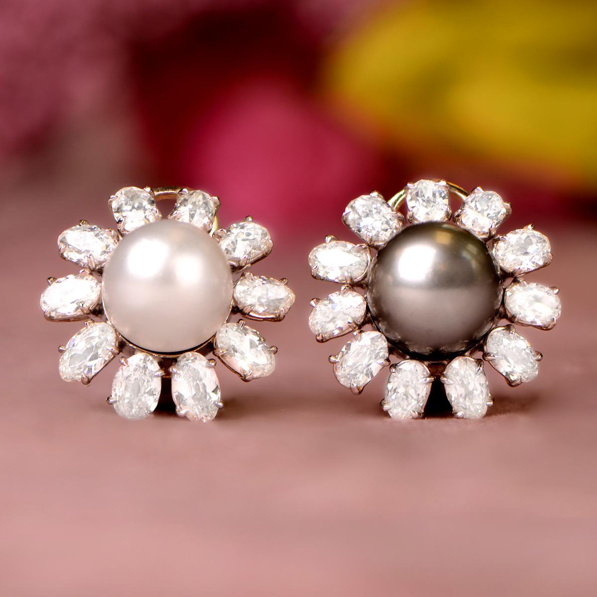 Boucles d'oreilles en perles naturelles d'eau salée très rares, certifiées SSEF, grises et blanches Excellent état - En vente à New York, NY