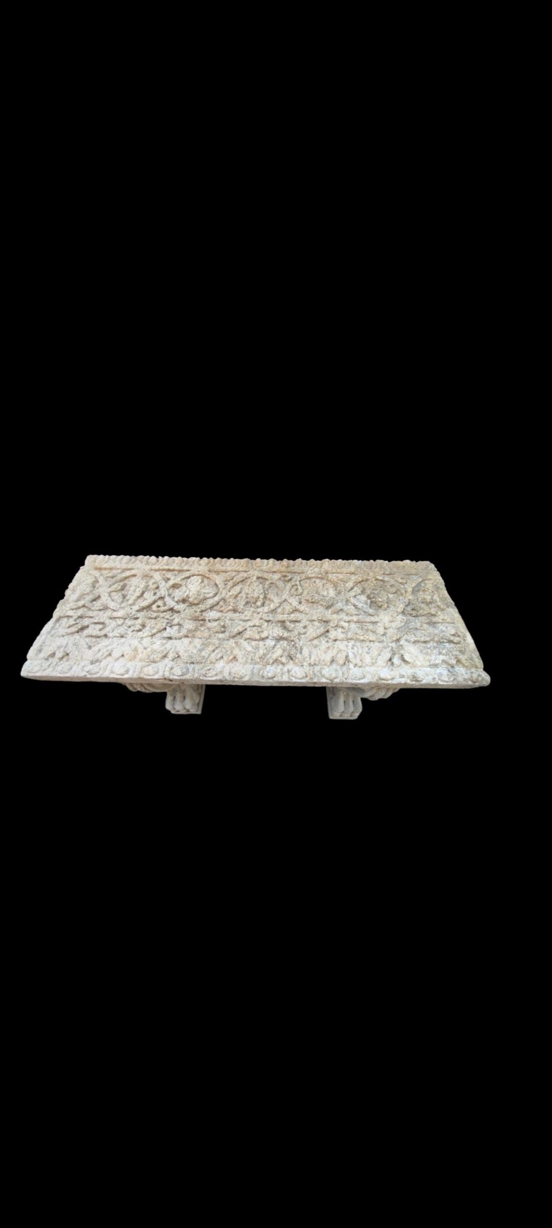 Medieval Very Rare & Old Hand-Carved 1700s France Lime Stone Demi-Inlaid Reclaimed Table For Sale