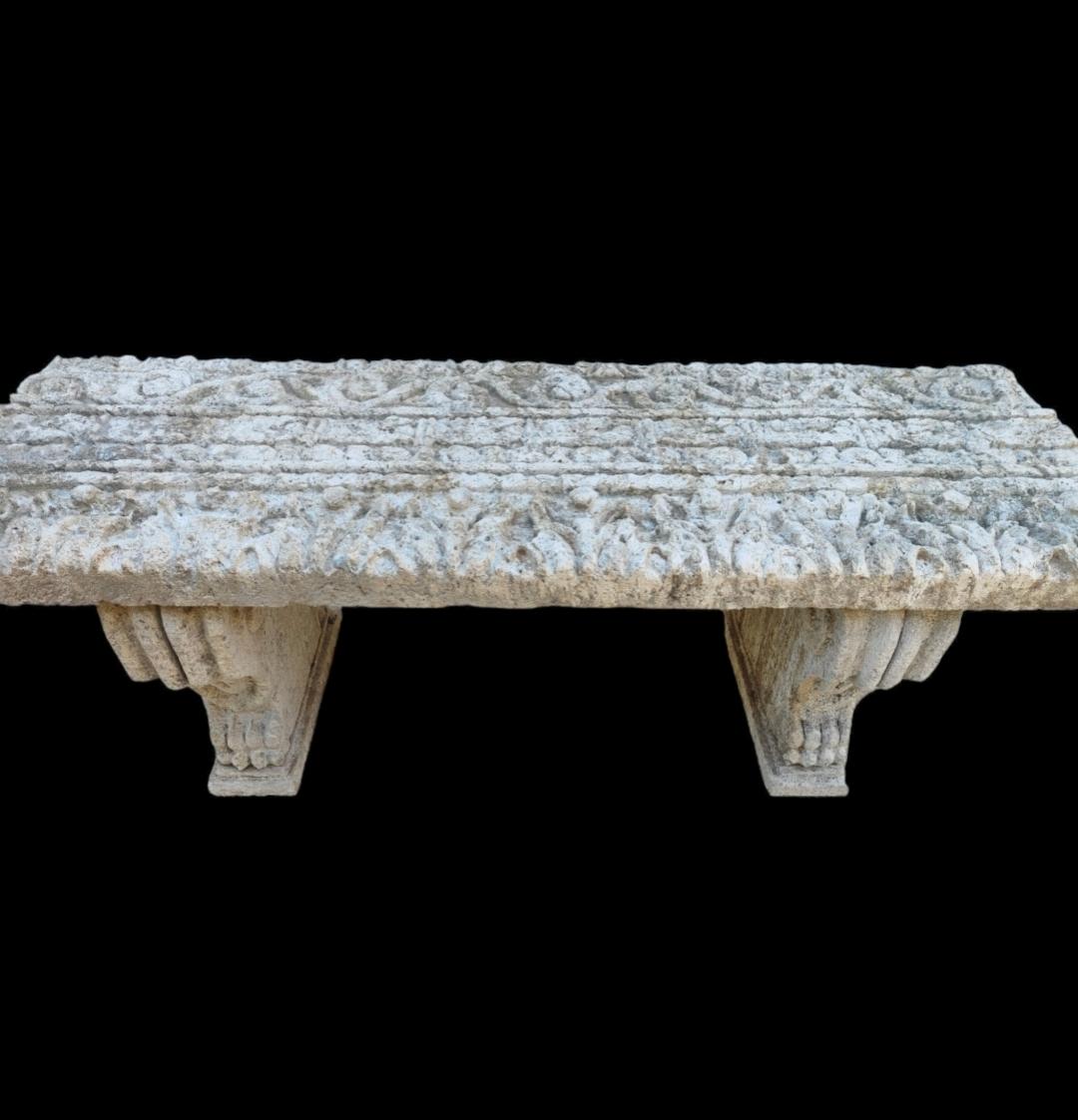 Limestone Very Rare & Old Hand-Carved 1700s France Lime Stone Demi-Inlaid Reclaimed Table For Sale