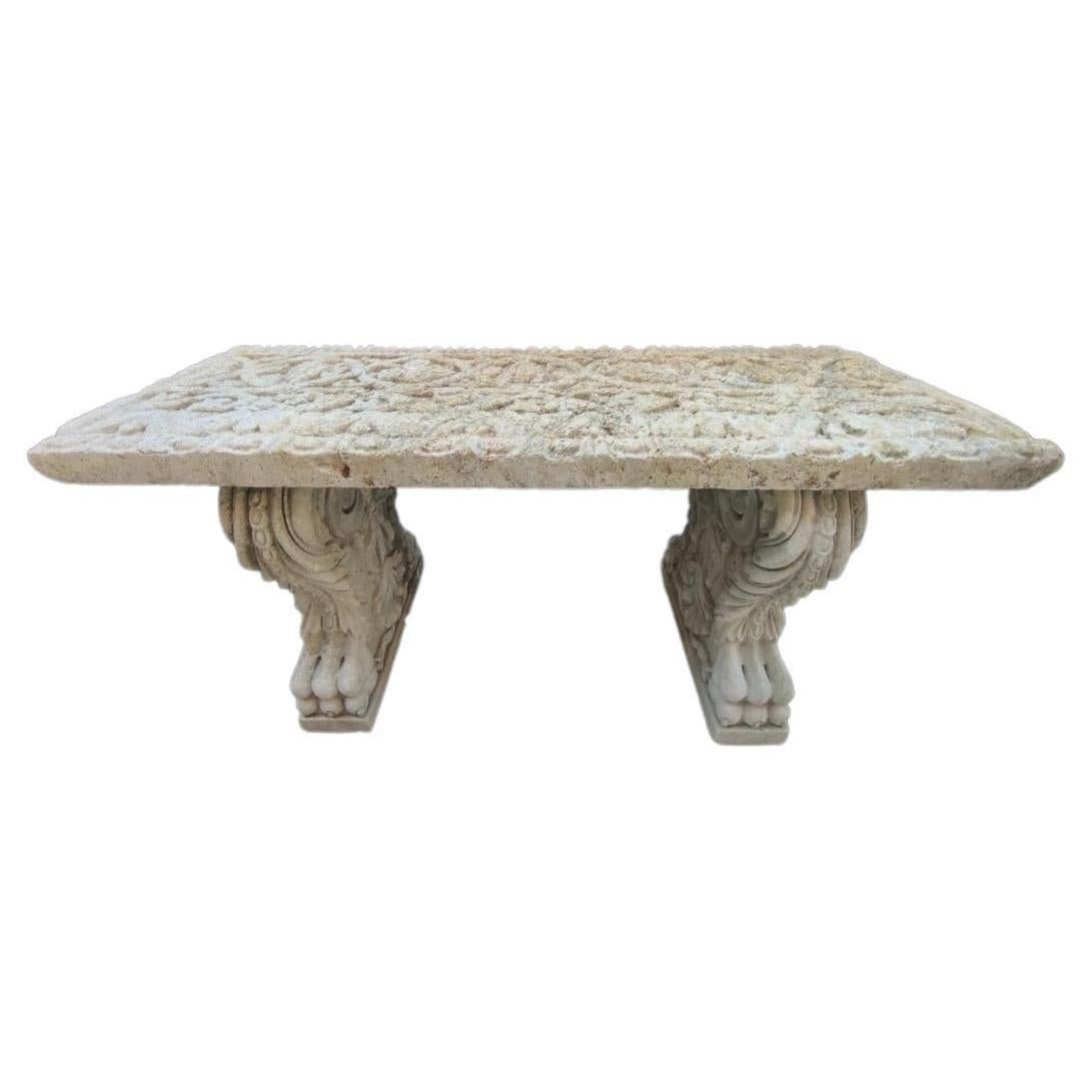 Very Rare & Old Hand-Carved 1700s France Lime Stone Demi-Inlaid Reclaimed Table For Sale