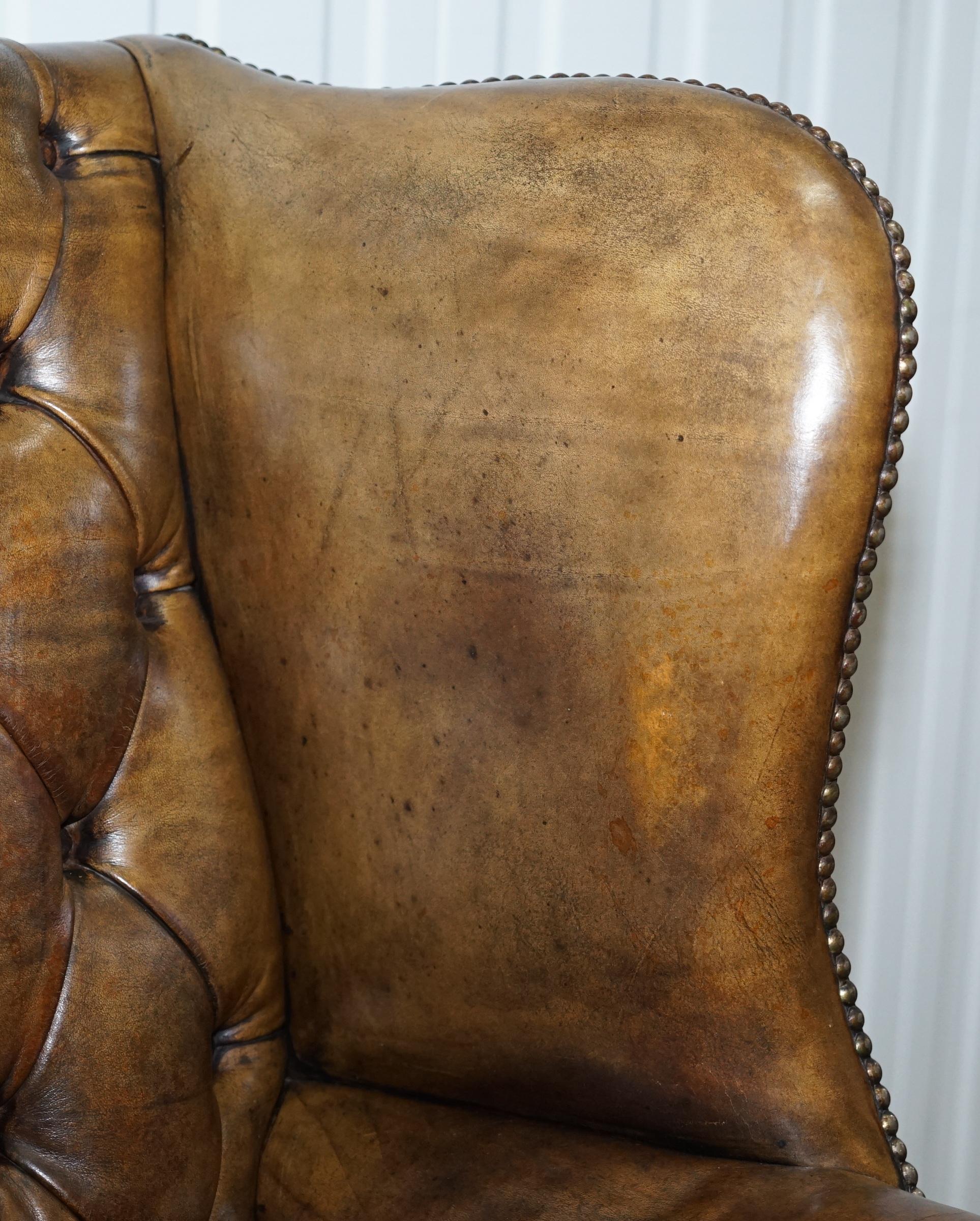 Very Rare Original 1930s Chesterfield Fully Buttoned Leather Wingback Armchair 3