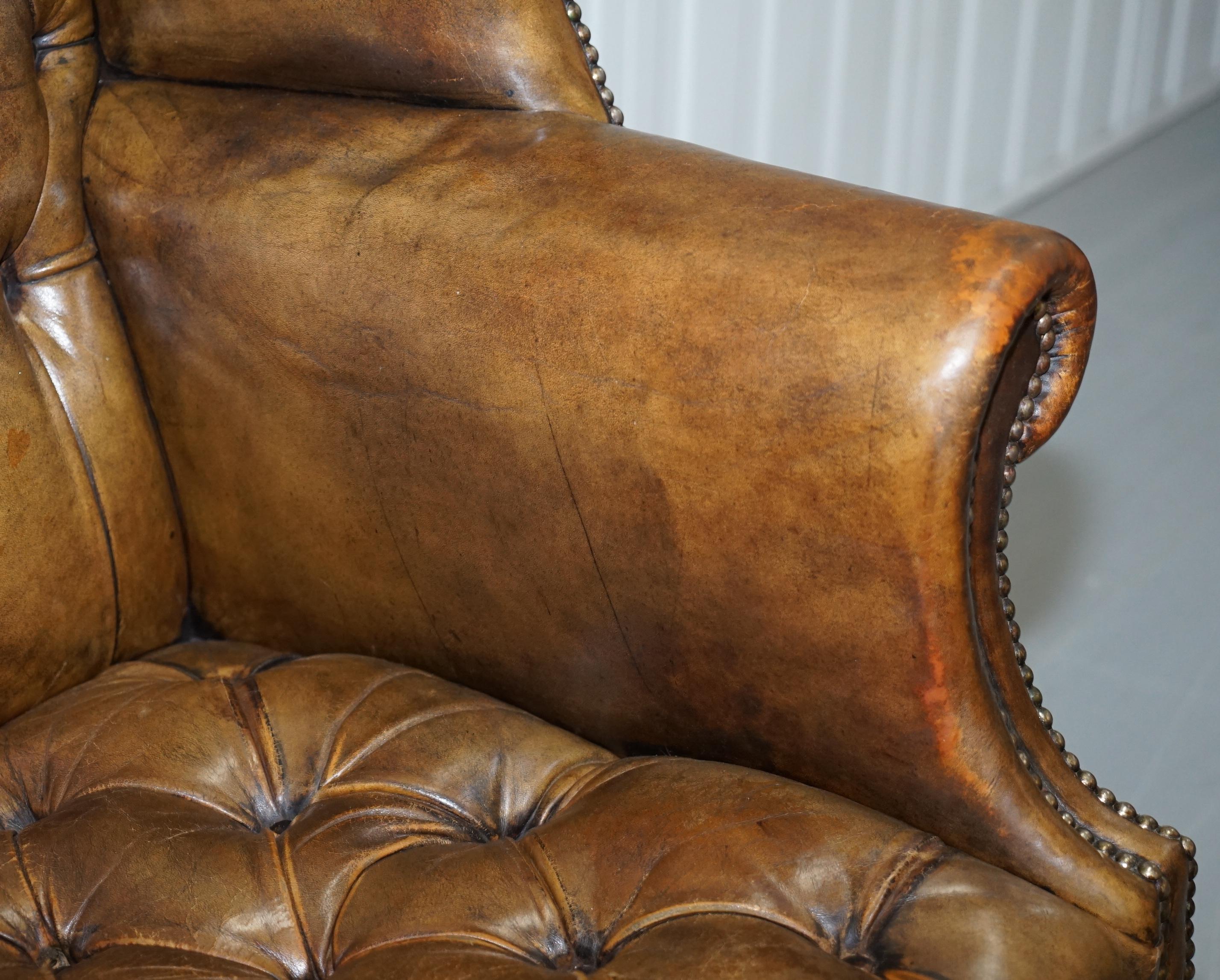 Very Rare Original 1930s Chesterfield Fully Buttoned Leather Wingback Armchair 4