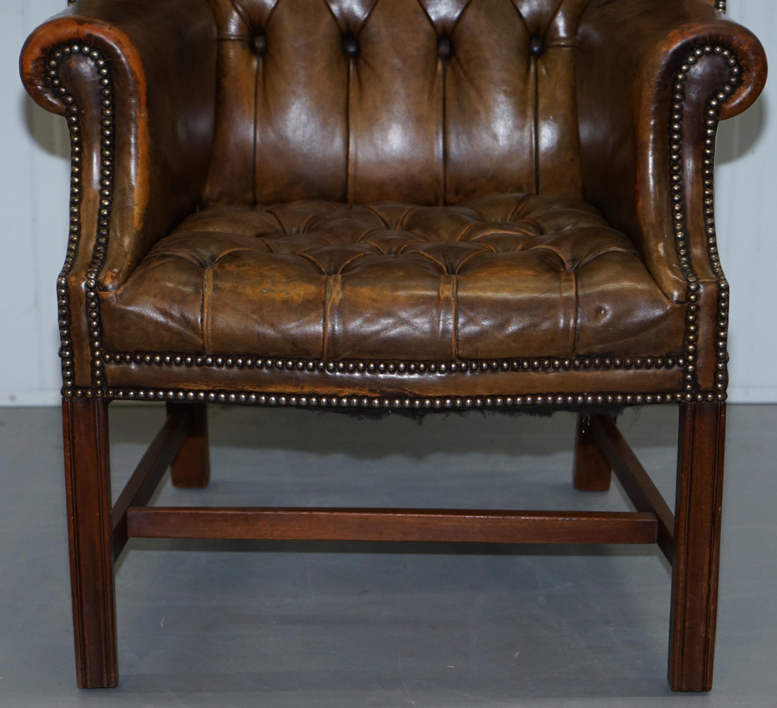 Very Rare Original 1930s Chesterfield Fully Buttoned Leather Wingback Armchair 5